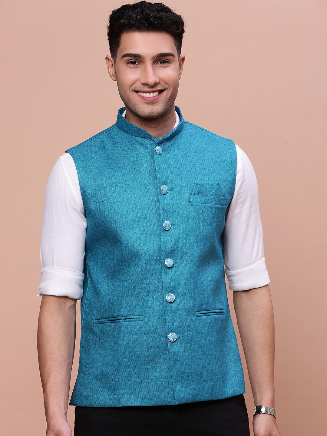 Men Solid Turquoise Blue Slim Fit Nehru Jacket