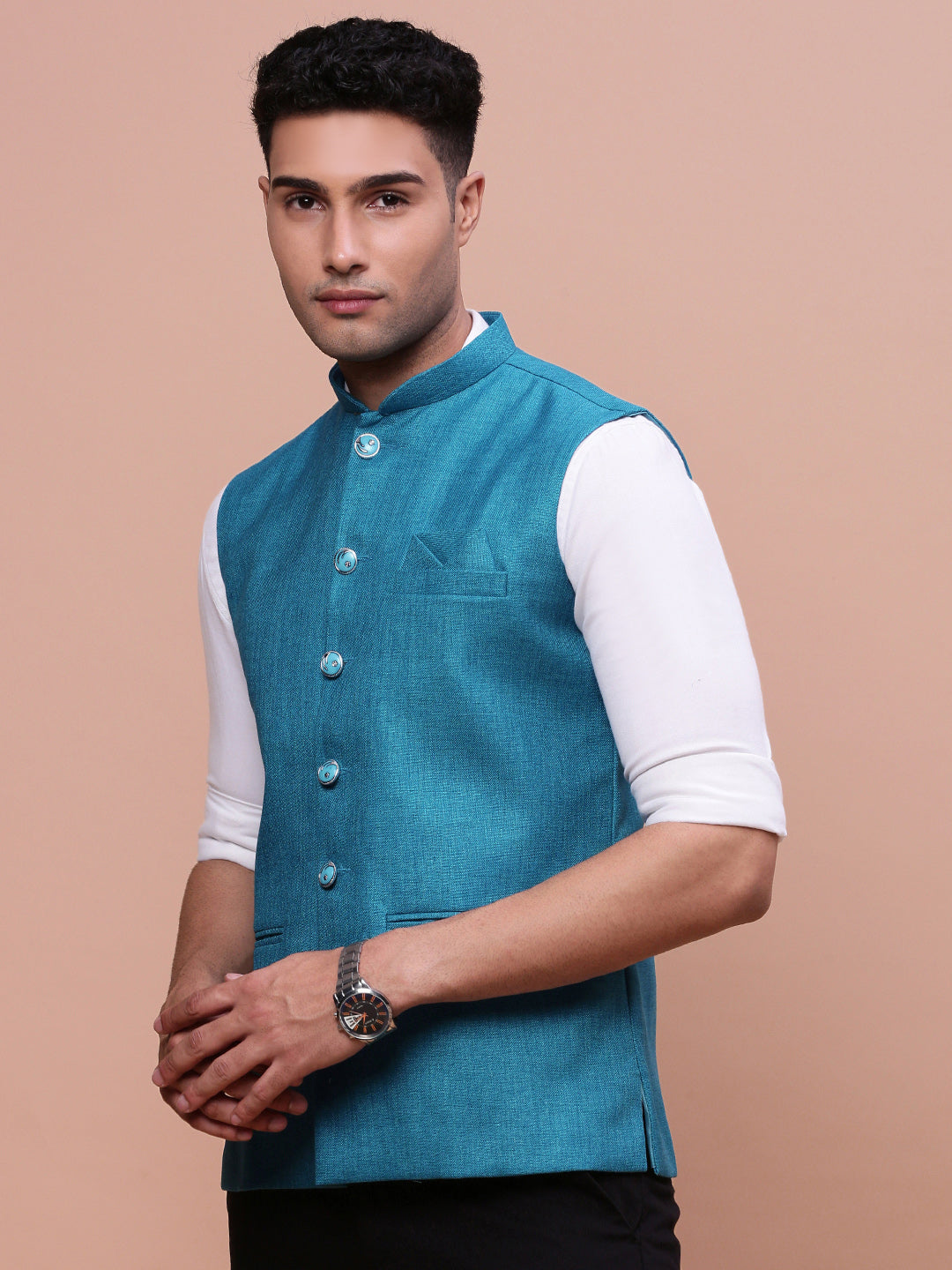 Men Solid Turquoise Blue Slim Fit Nehru Jacket