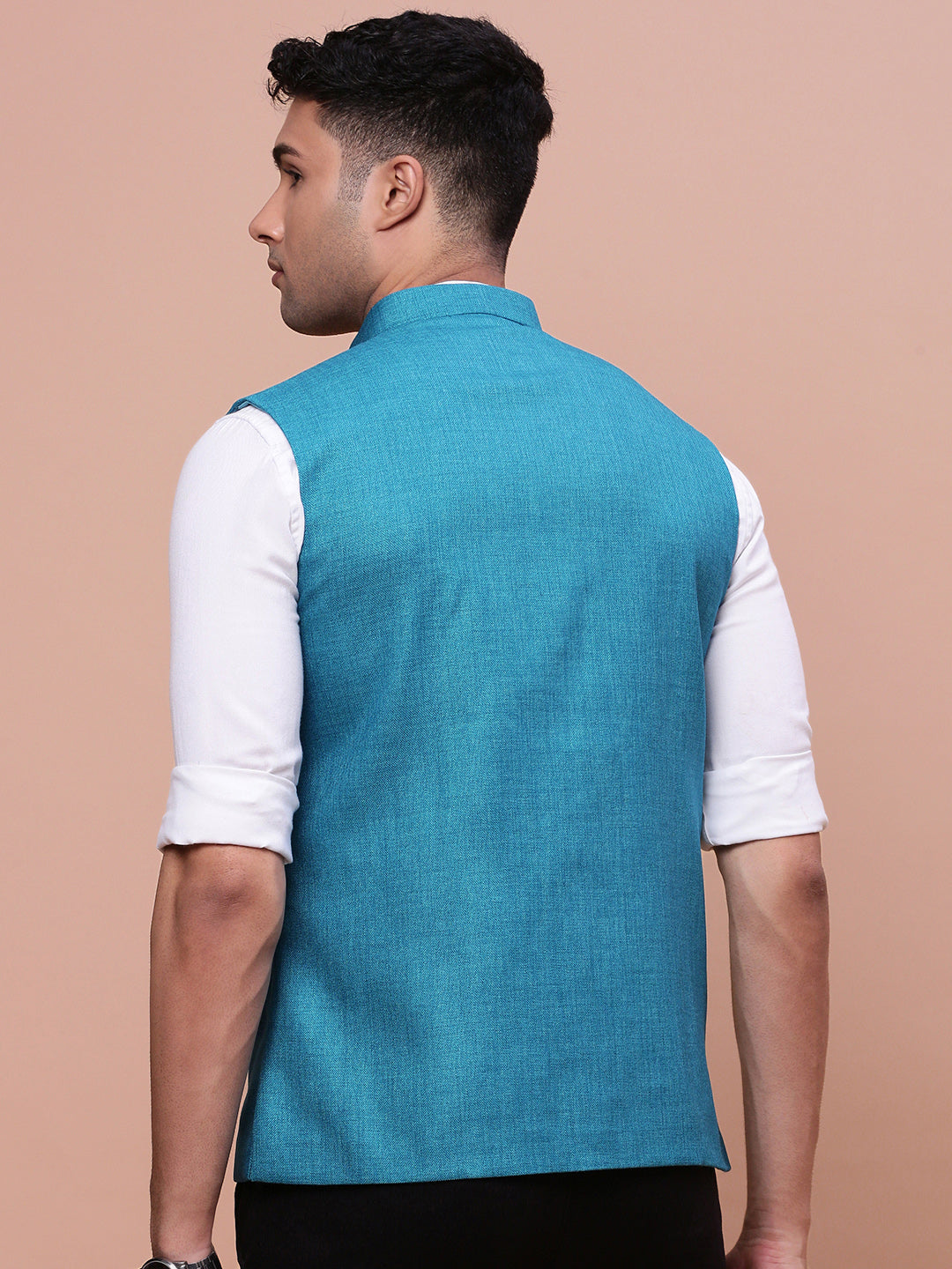 Men Solid Turquoise Blue Slim Fit Nehru Jacket