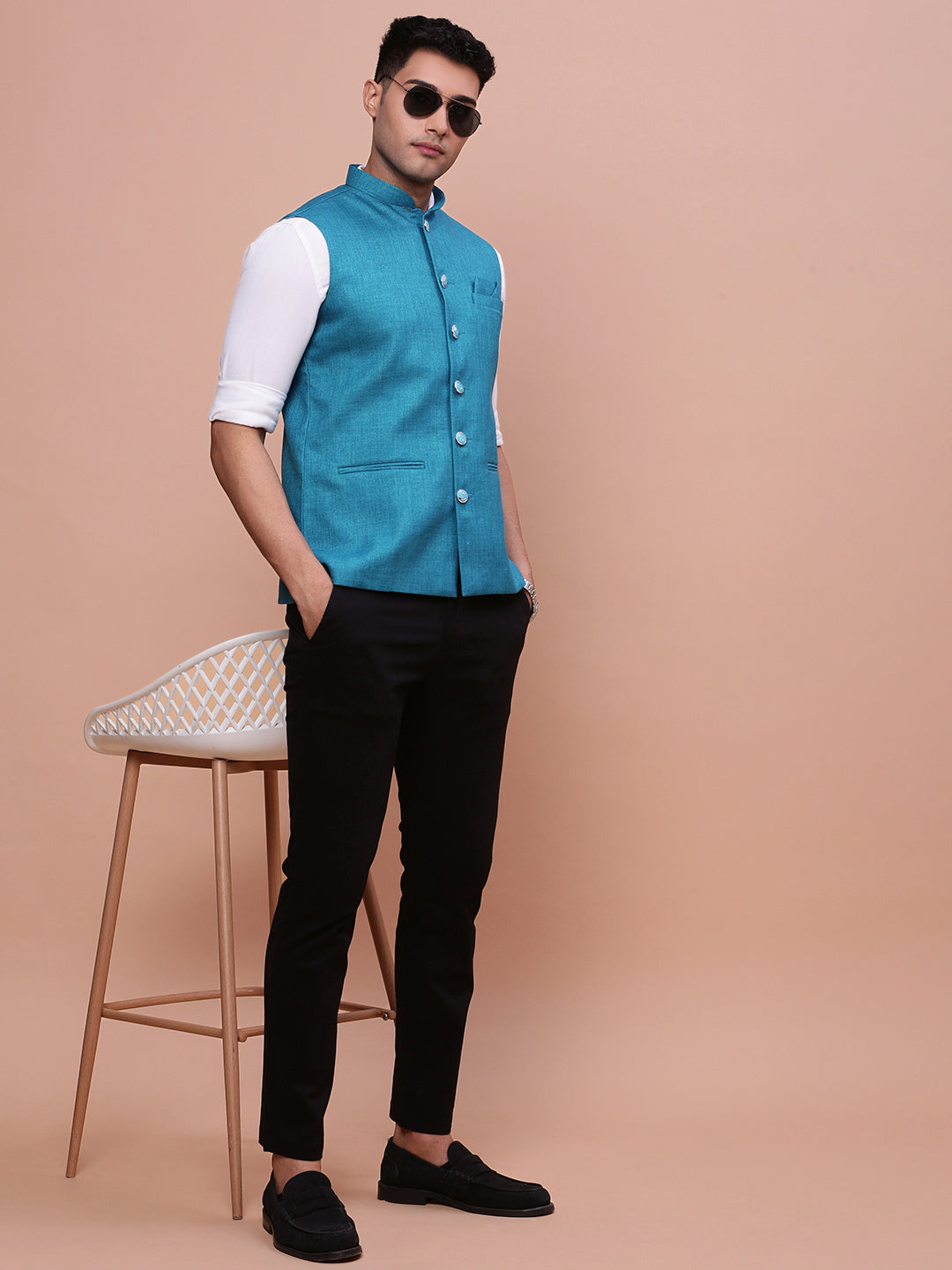 Men Solid Turquoise Blue Slim Fit Nehru Jacket