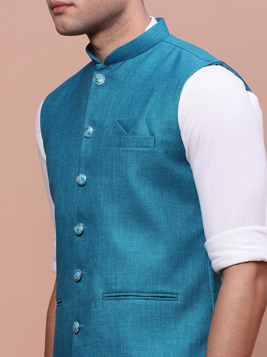 Men Solid Turquoise Blue Slim Fit Nehru Jacket