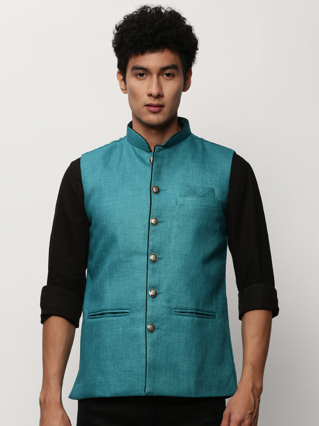 Men Mandarin Collar Solid Blue Nehru Jacket