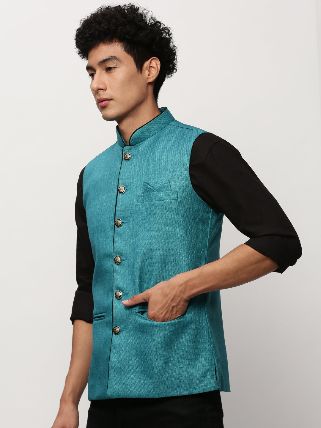 Men Mandarin Collar Solid Blue Nehru Jacket