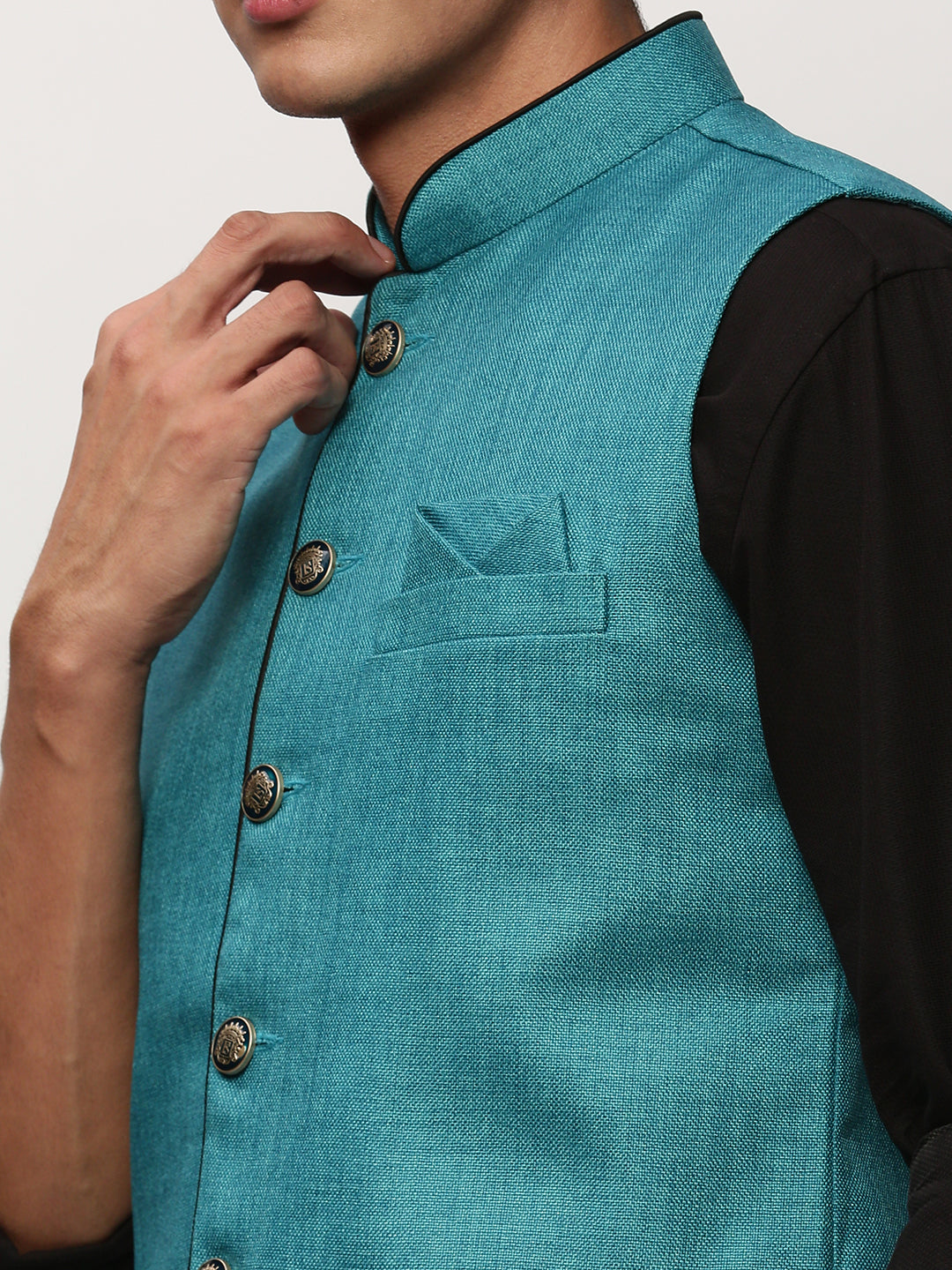 Men Mandarin Collar Solid Blue Nehru Jacket