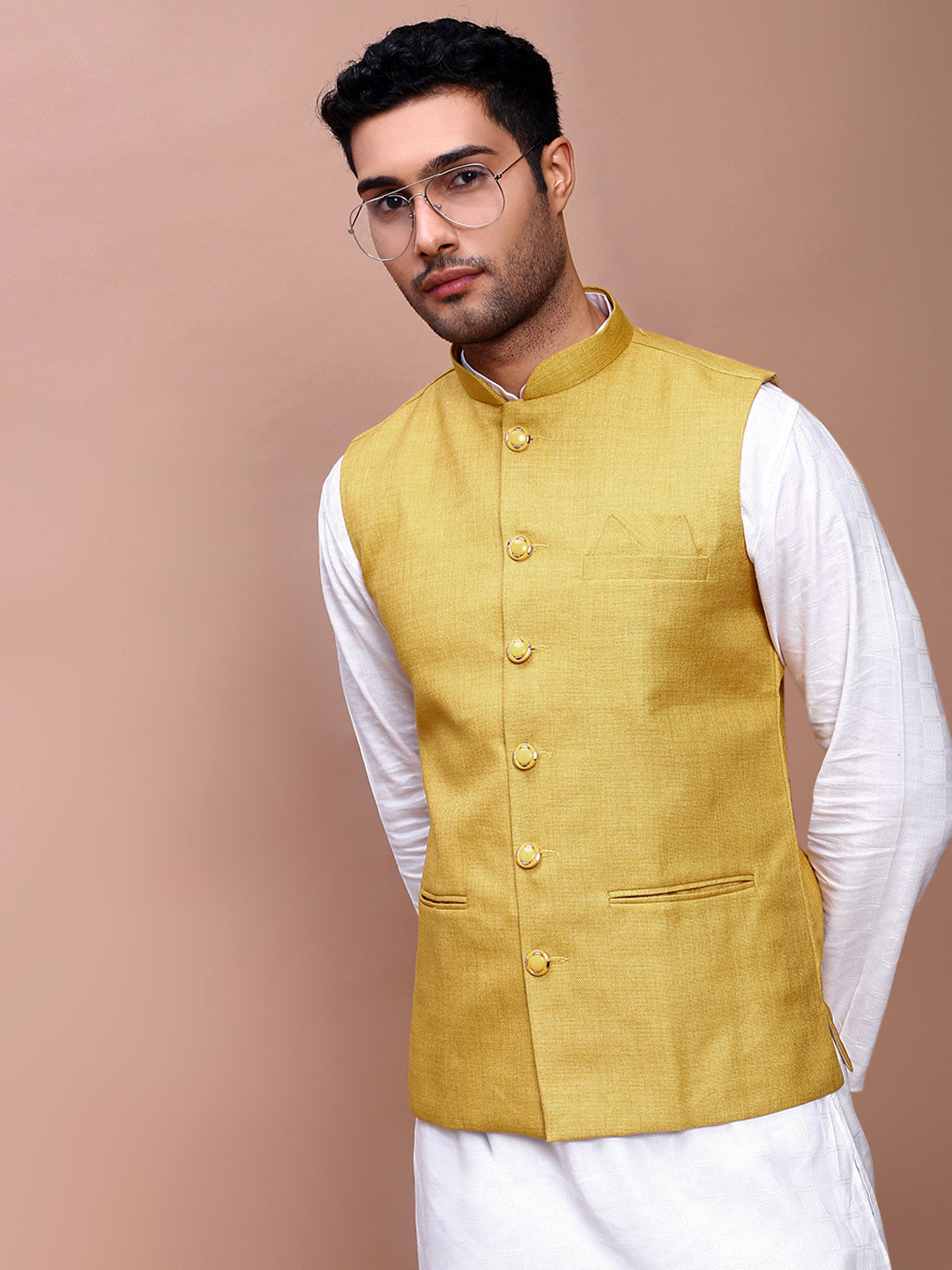 Men Solid Mustard Slim Fit Nehru Jacket