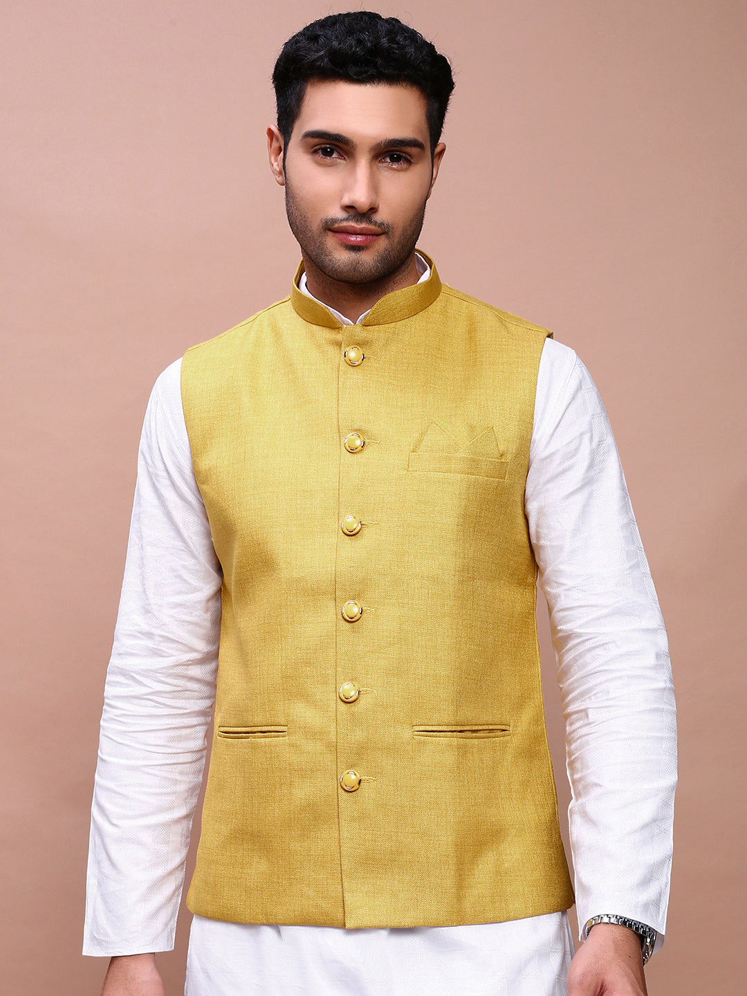 Men Solid Mustard Slim Fit Nehru Jacket