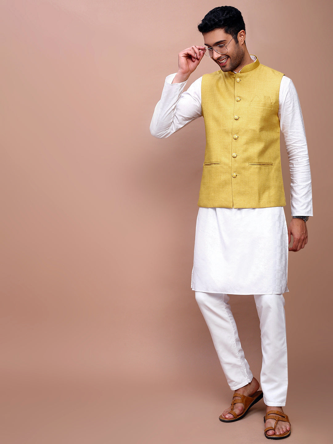 Men Solid Mustard Slim Fit Nehru Jacket