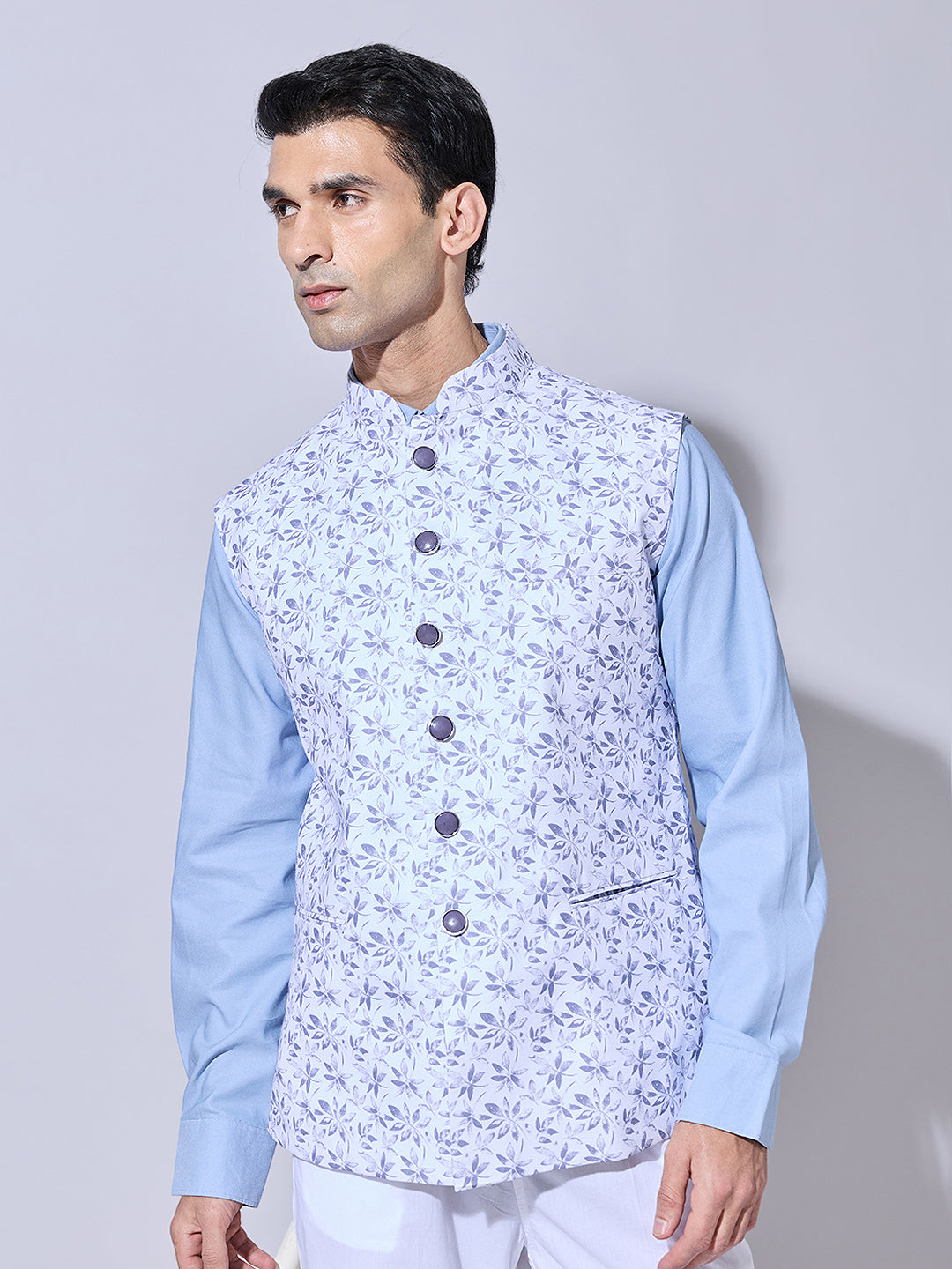 Men's Floral Printed Grey Nehru Jacket