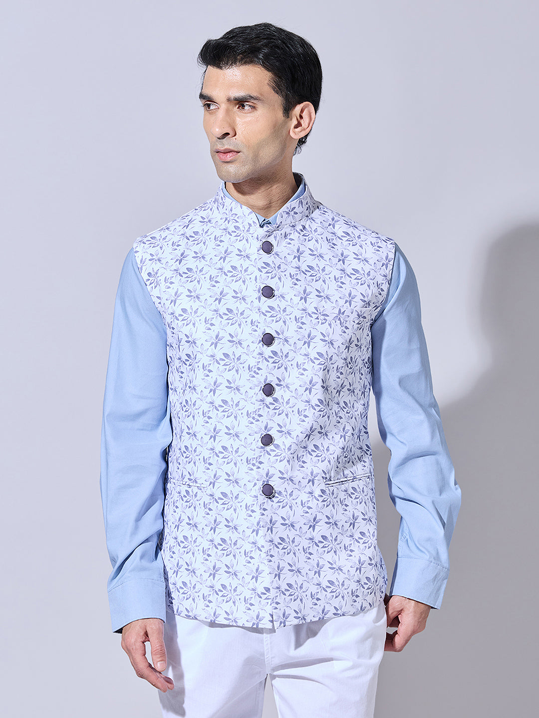 Men's Floral Printed Grey Nehru Jacket