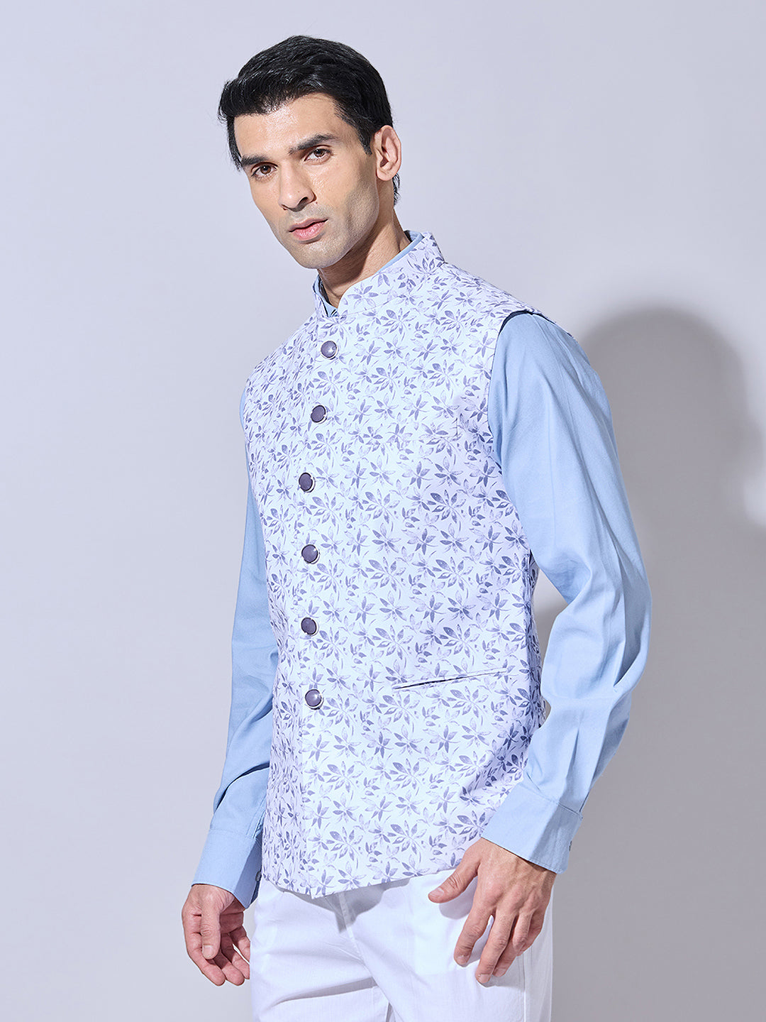 Men's Floral Printed Grey Nehru Jacket