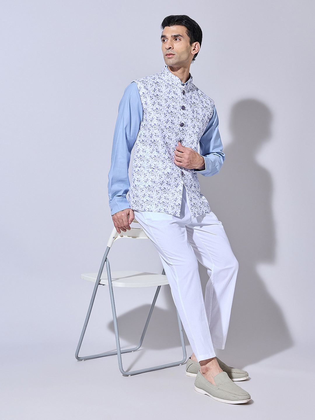 Men's Floral Printed Grey Nehru Jacket