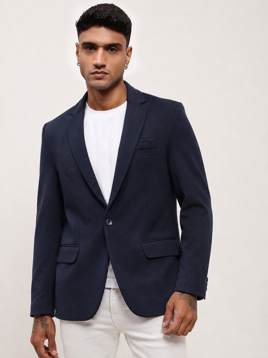 Men’s Navy Blue Single-Breasted Blazer with Notch Lapel Collar