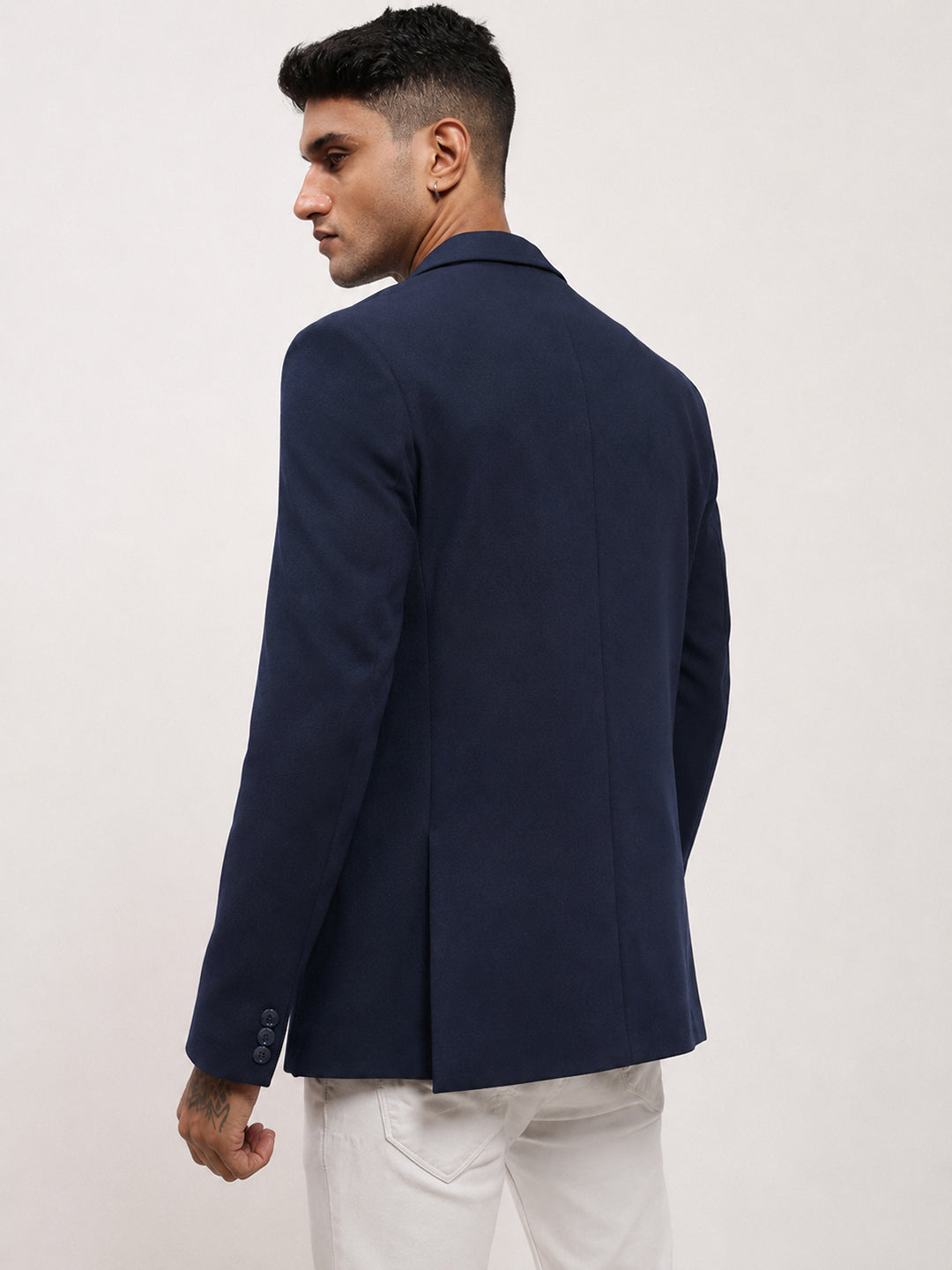 Men’s Navy Blue Single-Breasted Blazer with Notch Lapel Collar