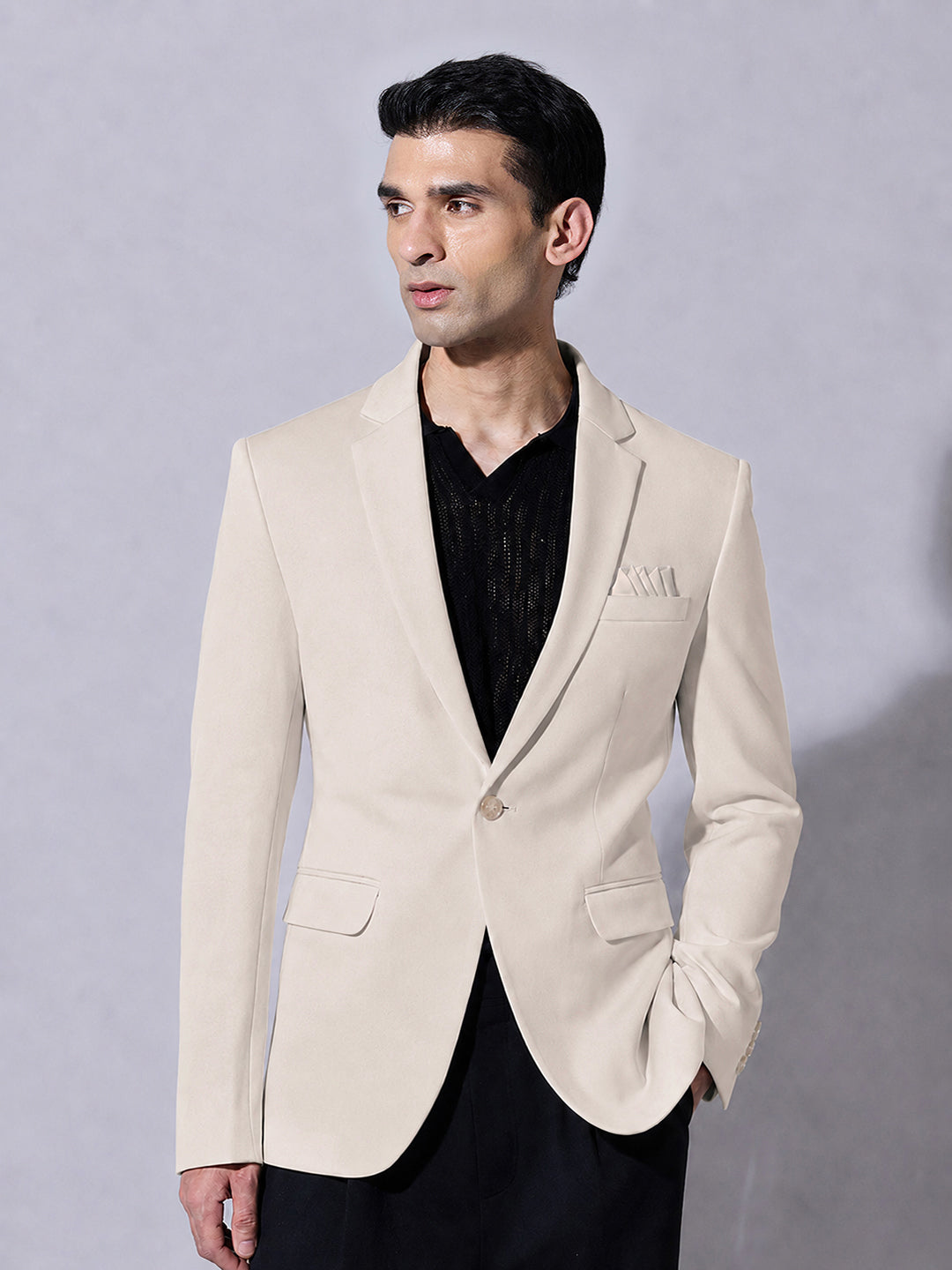 Men’s Beige Single-Breasted Blazer with Notch Lapel Collar