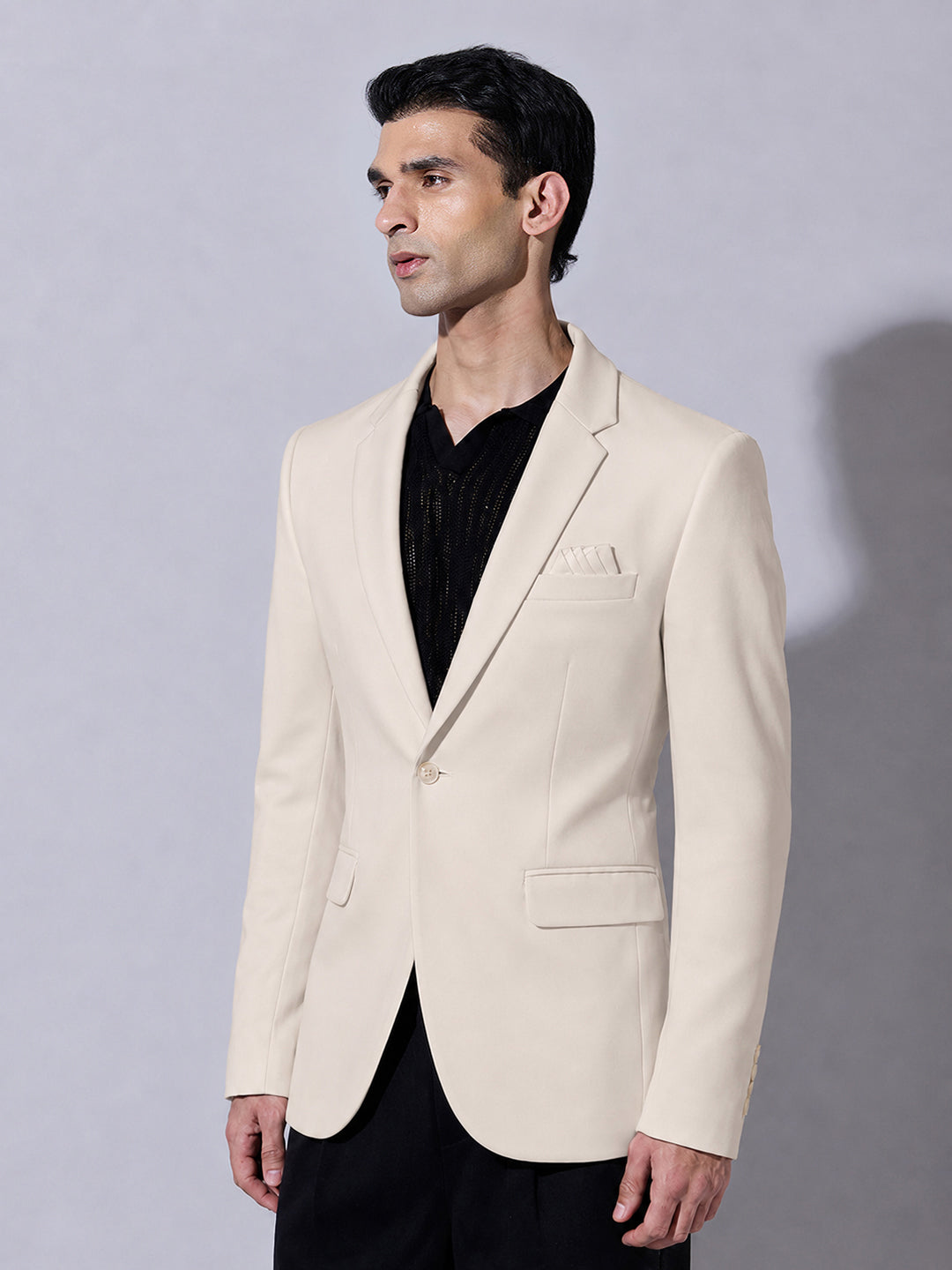 Men’s Beige Single-Breasted Blazer with Notch Lapel Collar