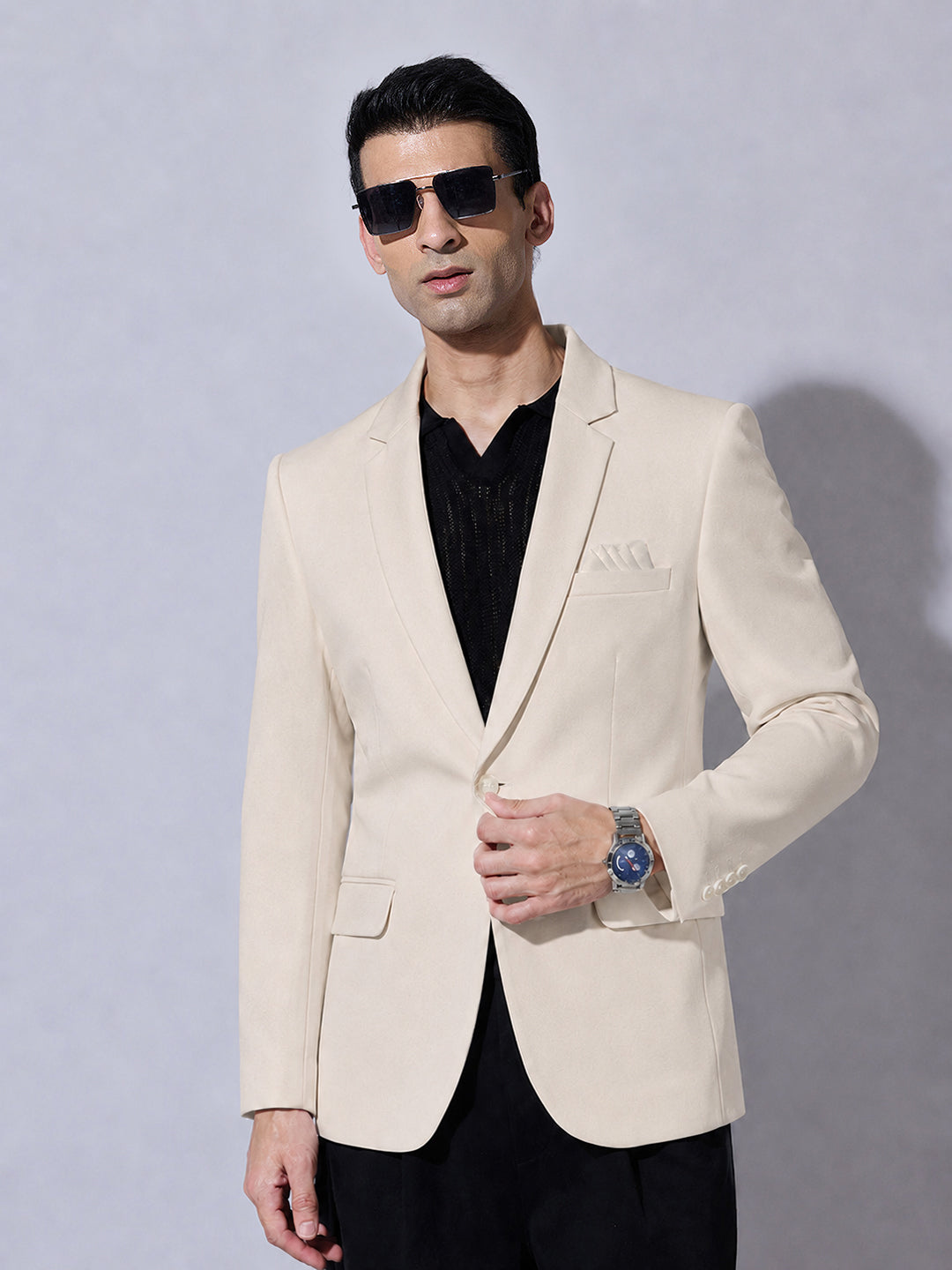 Men’s Beige Single-Breasted Blazer with Notch Lapel Collar