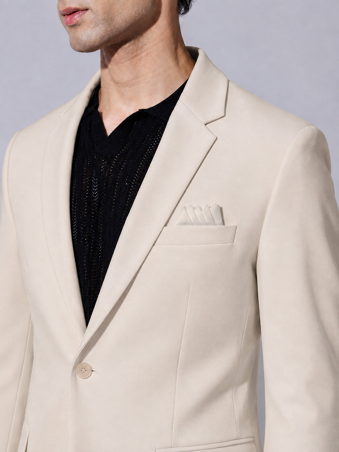 Men’s Beige Single-Breasted Blazer with Notch Lapel Collar