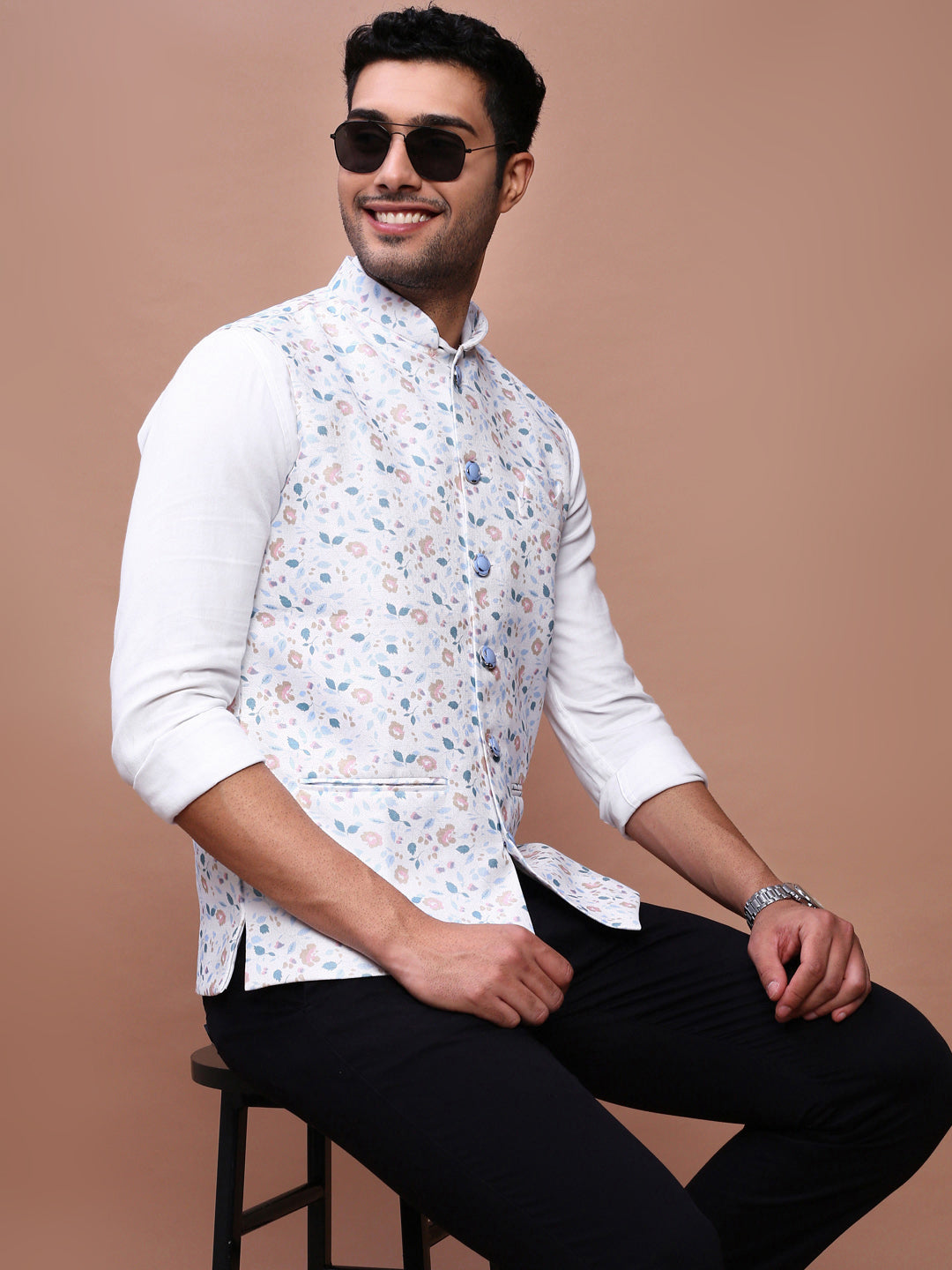 Men Printed Off White Slim Fit Nehru Jacket