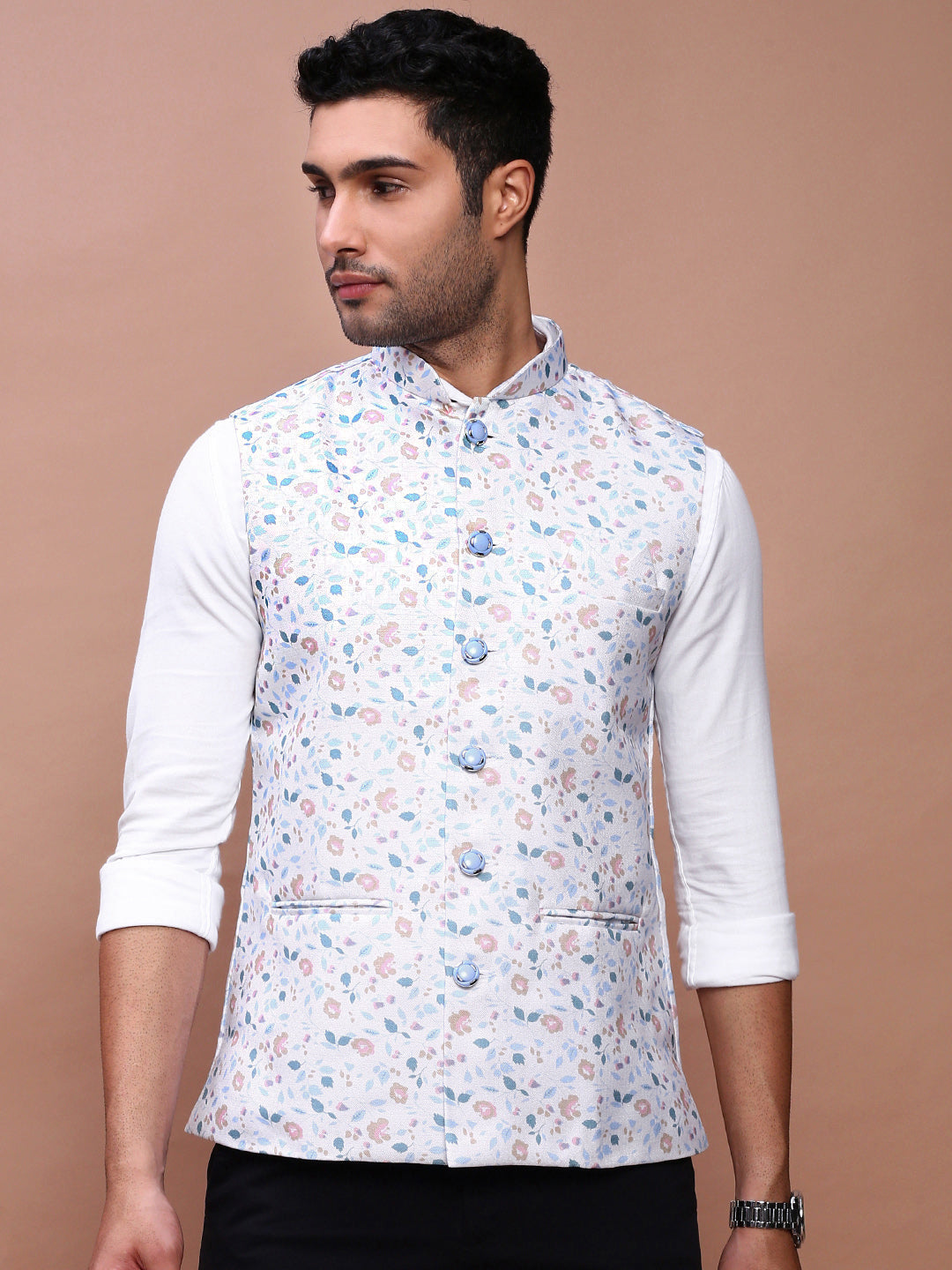 Men Printed Off White Slim Fit Nehru Jacket