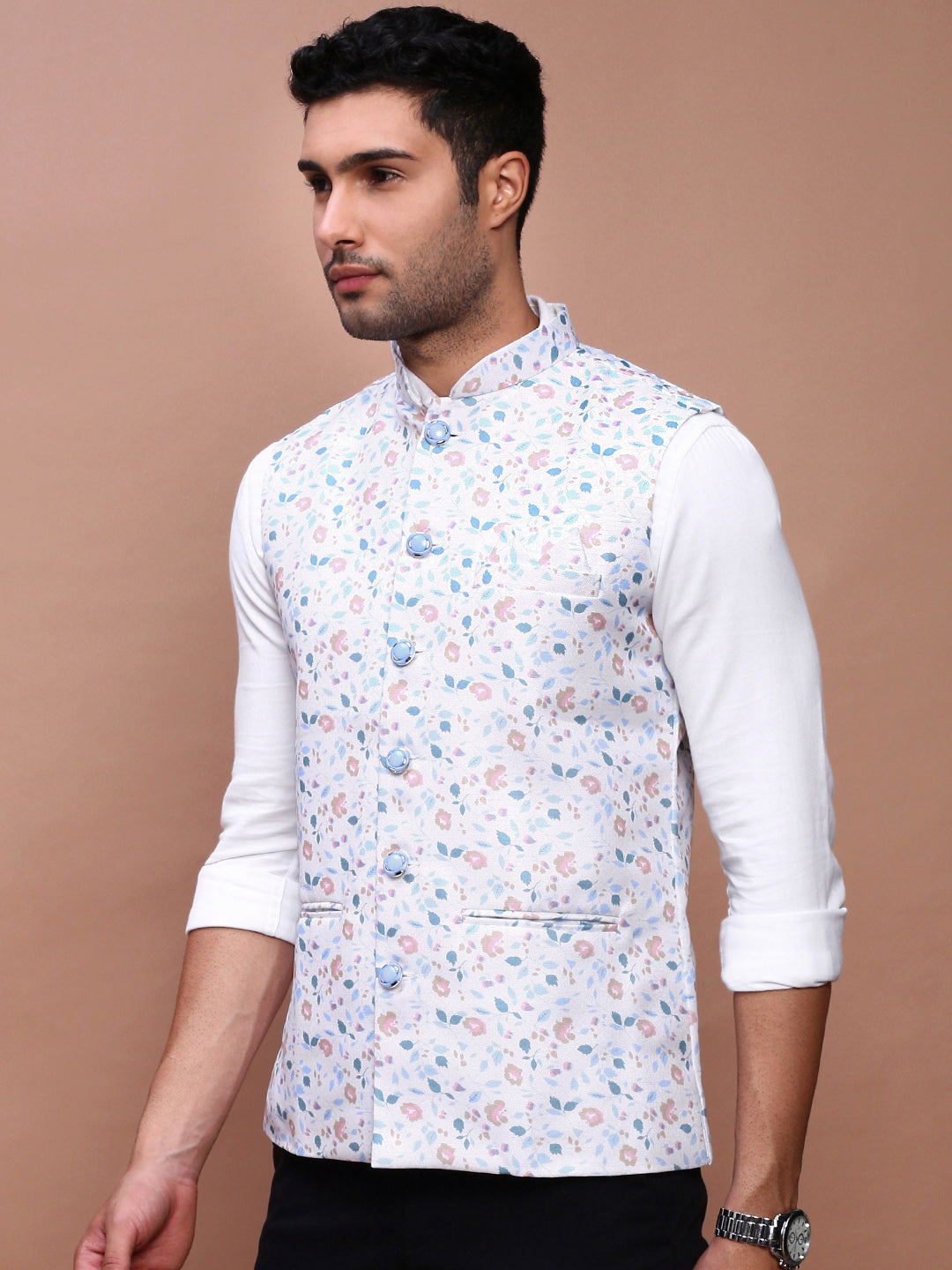 Men Printed Off White Slim Fit Nehru Jacket