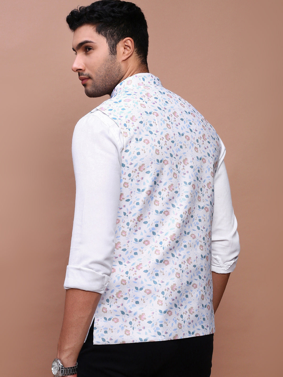 Men Printed Off White Slim Fit Nehru Jacket