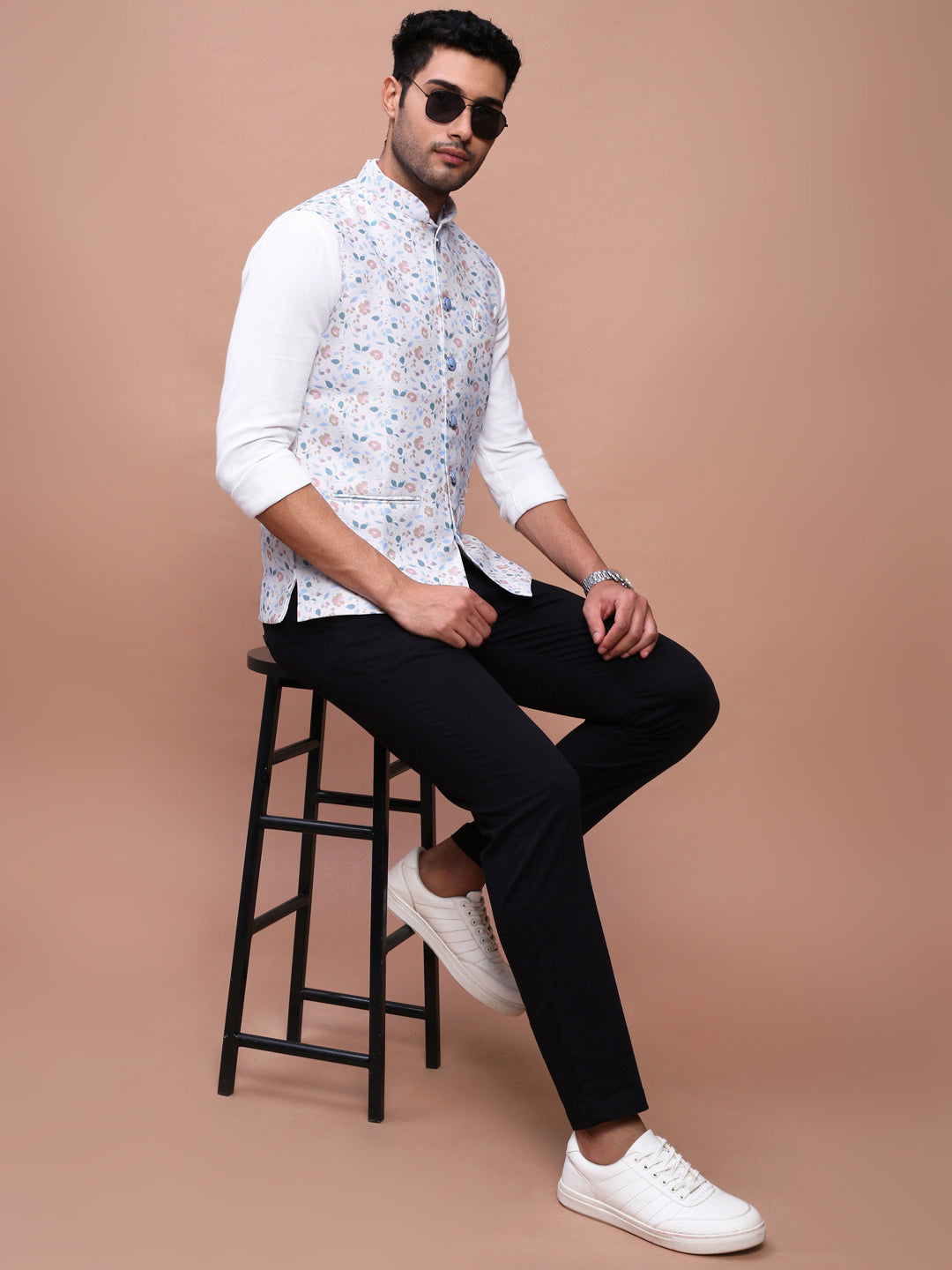 Men Printed Off White Slim Fit Nehru Jacket