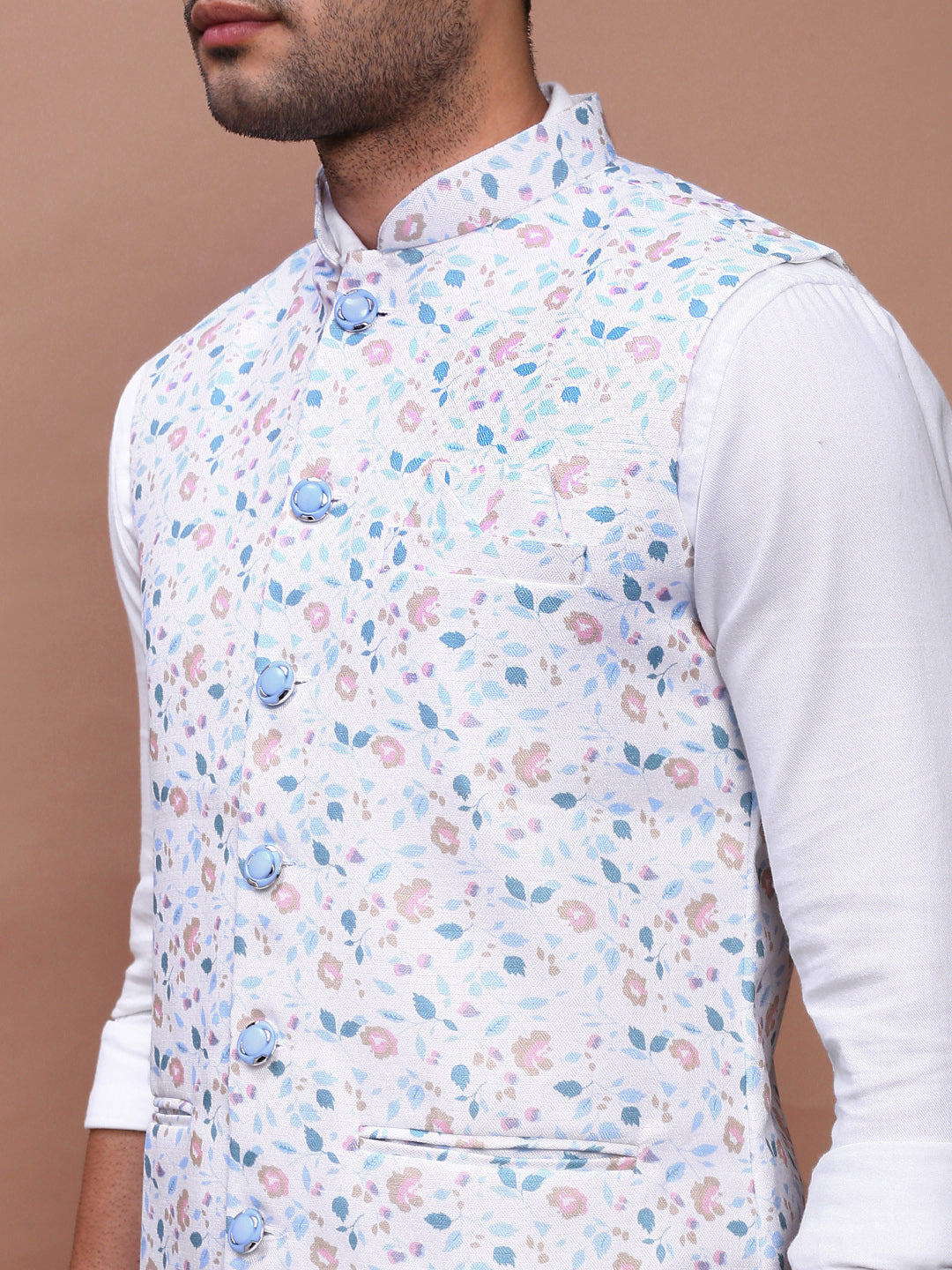 Men Printed Off White Slim Fit Nehru Jacket