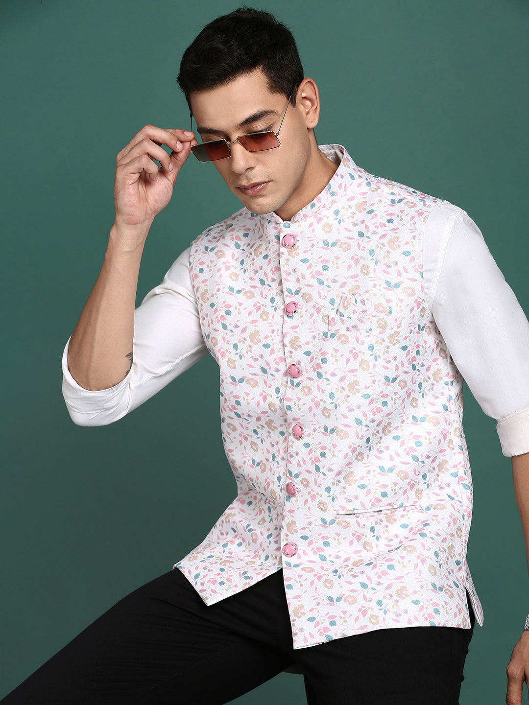 Men Printed Off White Slim Fit Nehru Jacket