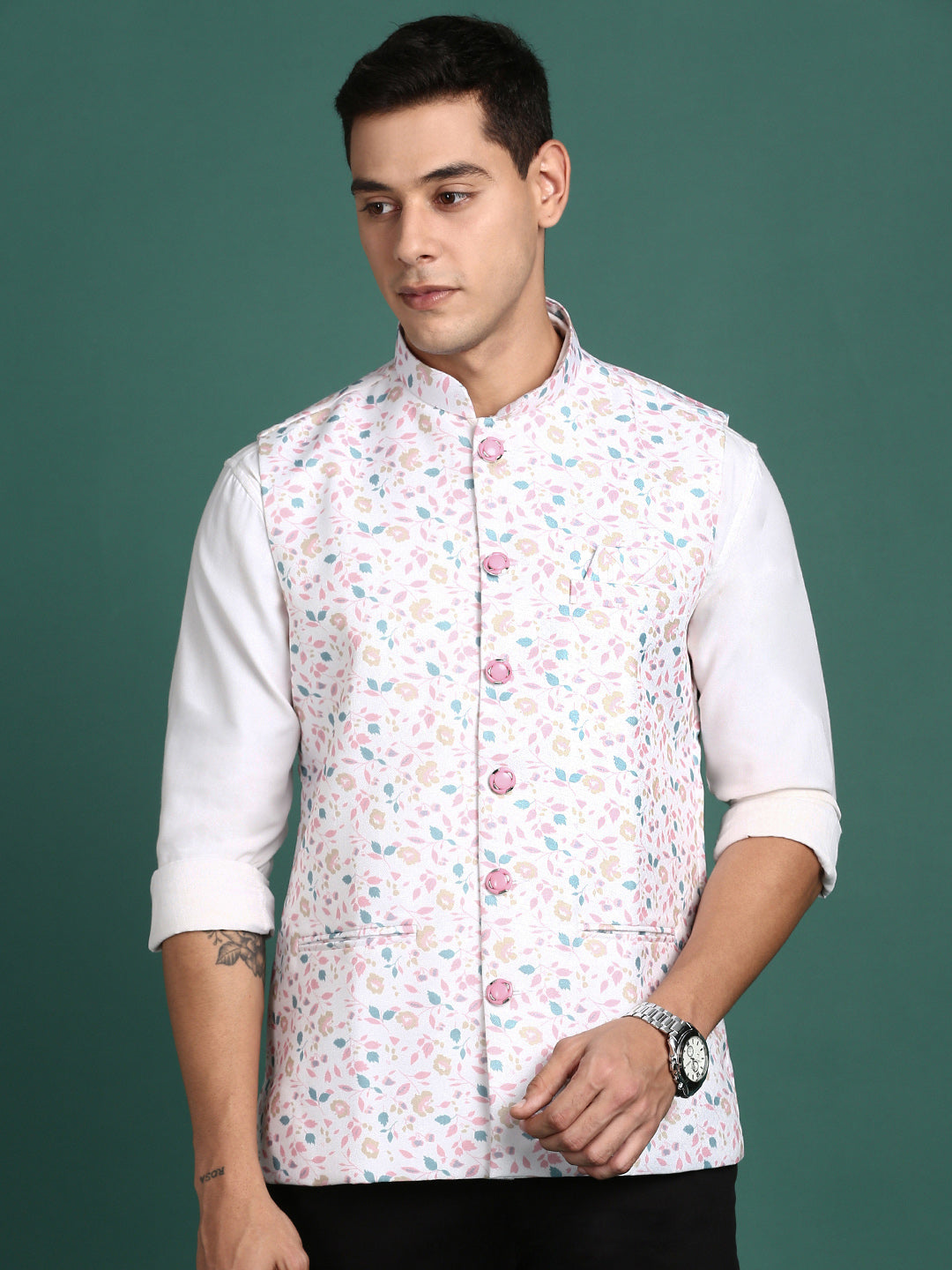 Men Printed Off White Slim Fit Nehru Jacket