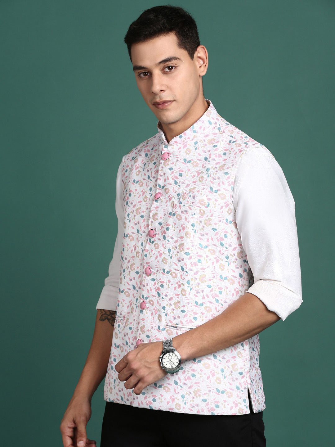 Men Printed Off White Slim Fit Nehru Jacket