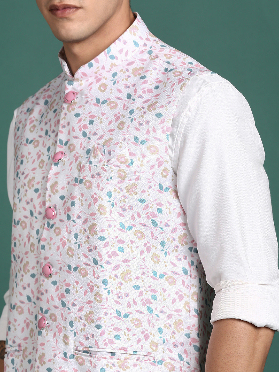 Men Printed Off White Slim Fit Nehru Jacket