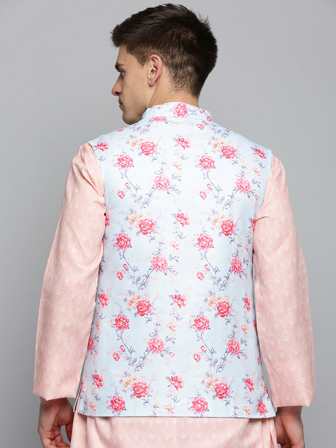 Men Mandarin Collar Printed Blue Nehru Jacket