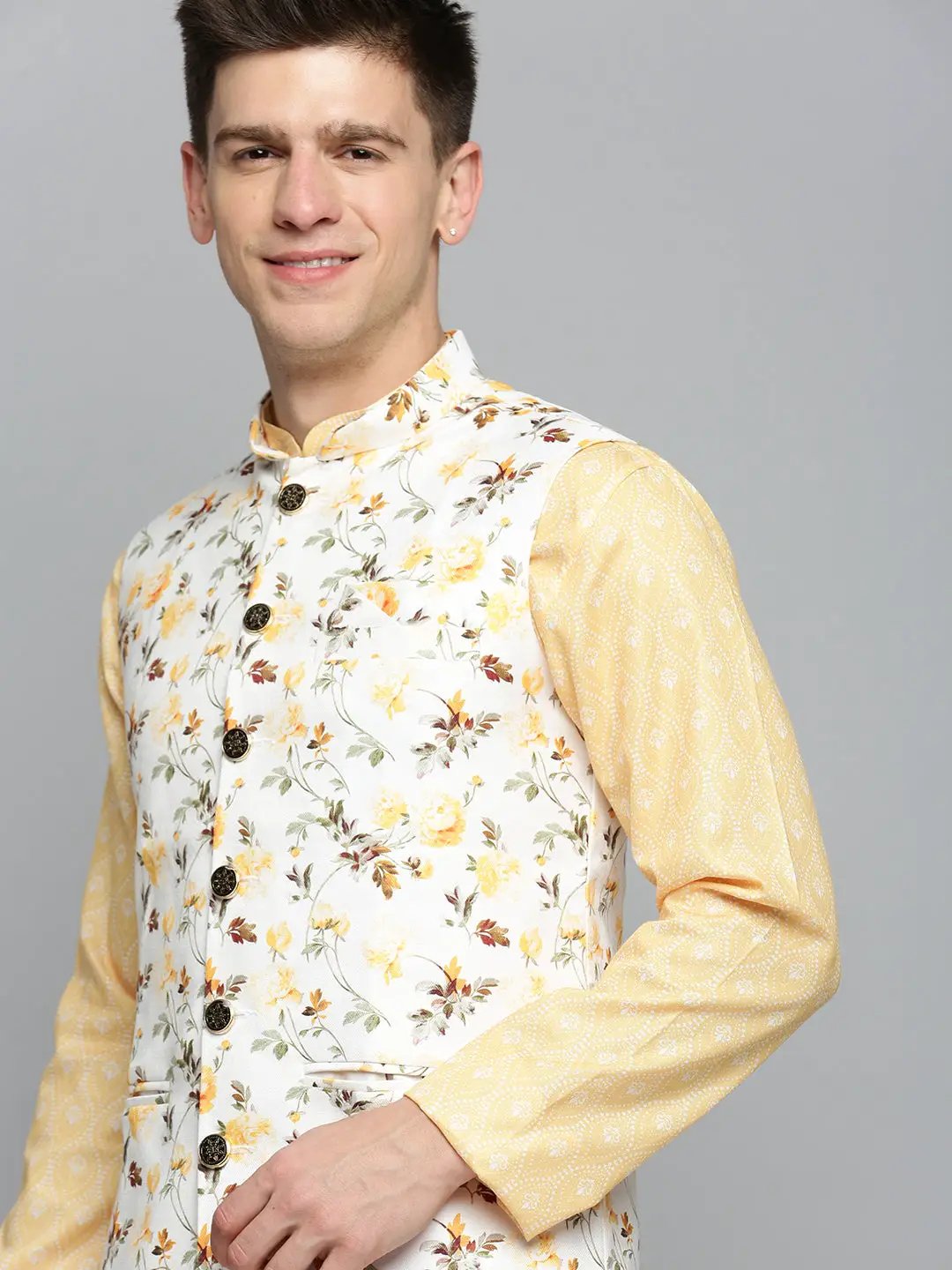 Men's Mandarin Collar Printed Cream Nehru Jacket
