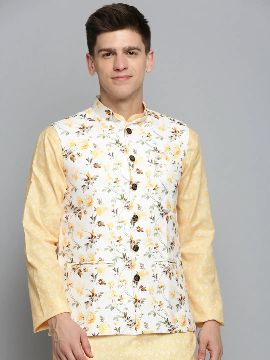 Men's Mandarin Collar Printed Cream Nehru Jacket