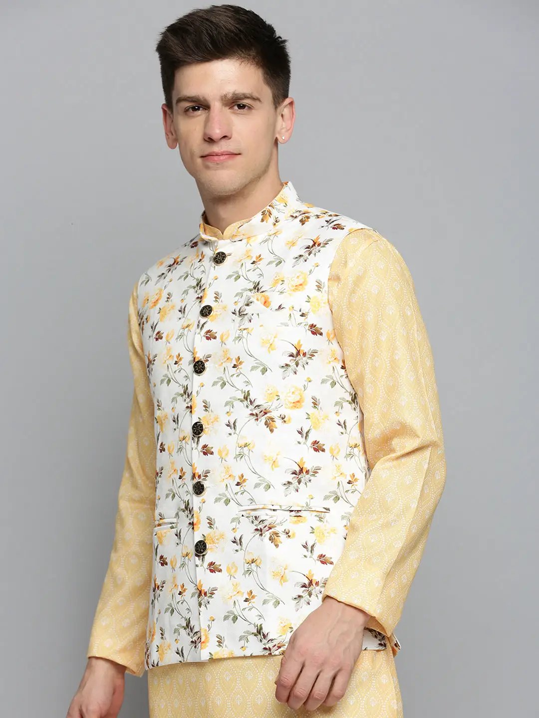 Men's Mandarin Collar Printed Cream Nehru Jacket