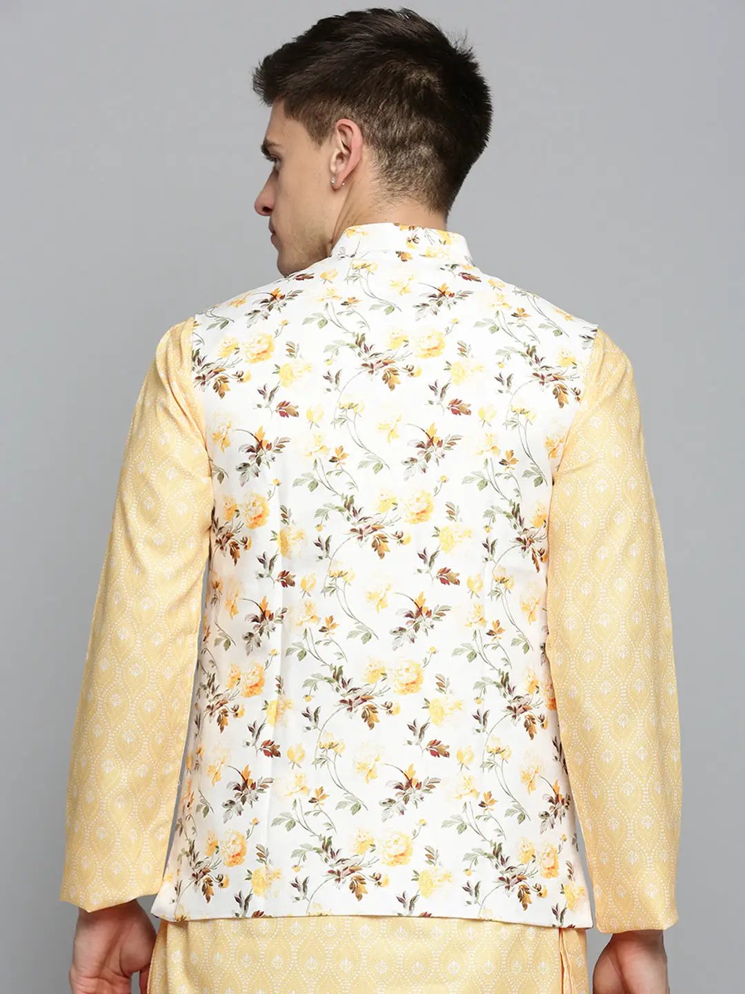 Men's Mandarin Collar Printed Cream Nehru Jacket