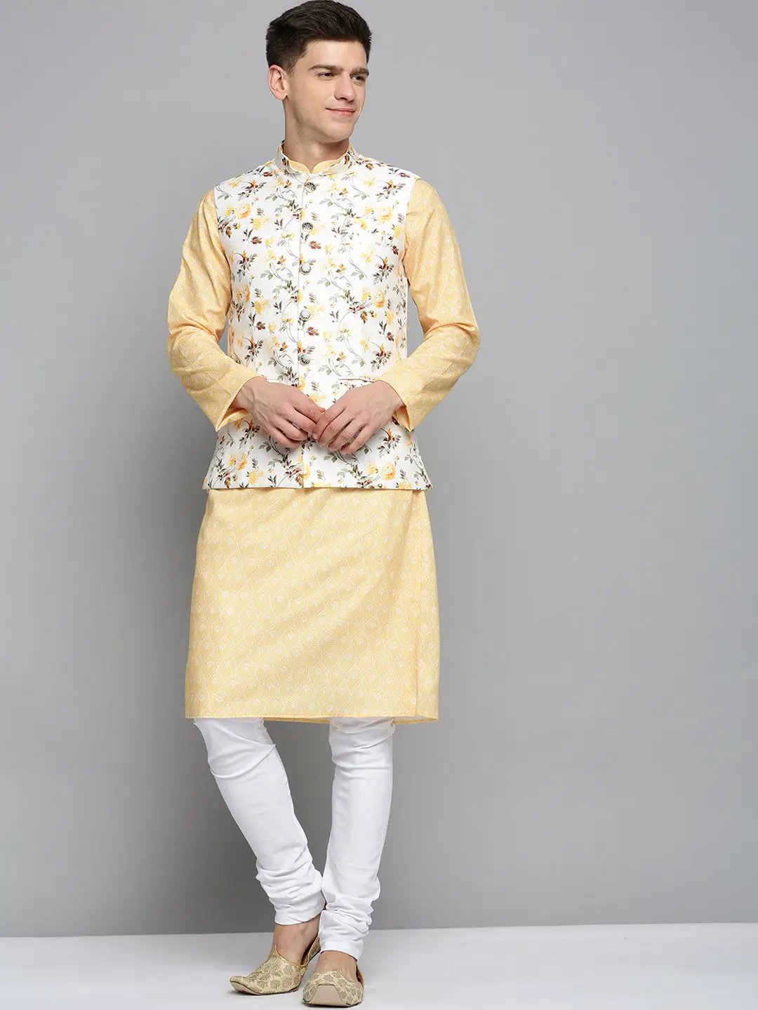 Men's Mandarin Collar Printed Cream Nehru Jacket
