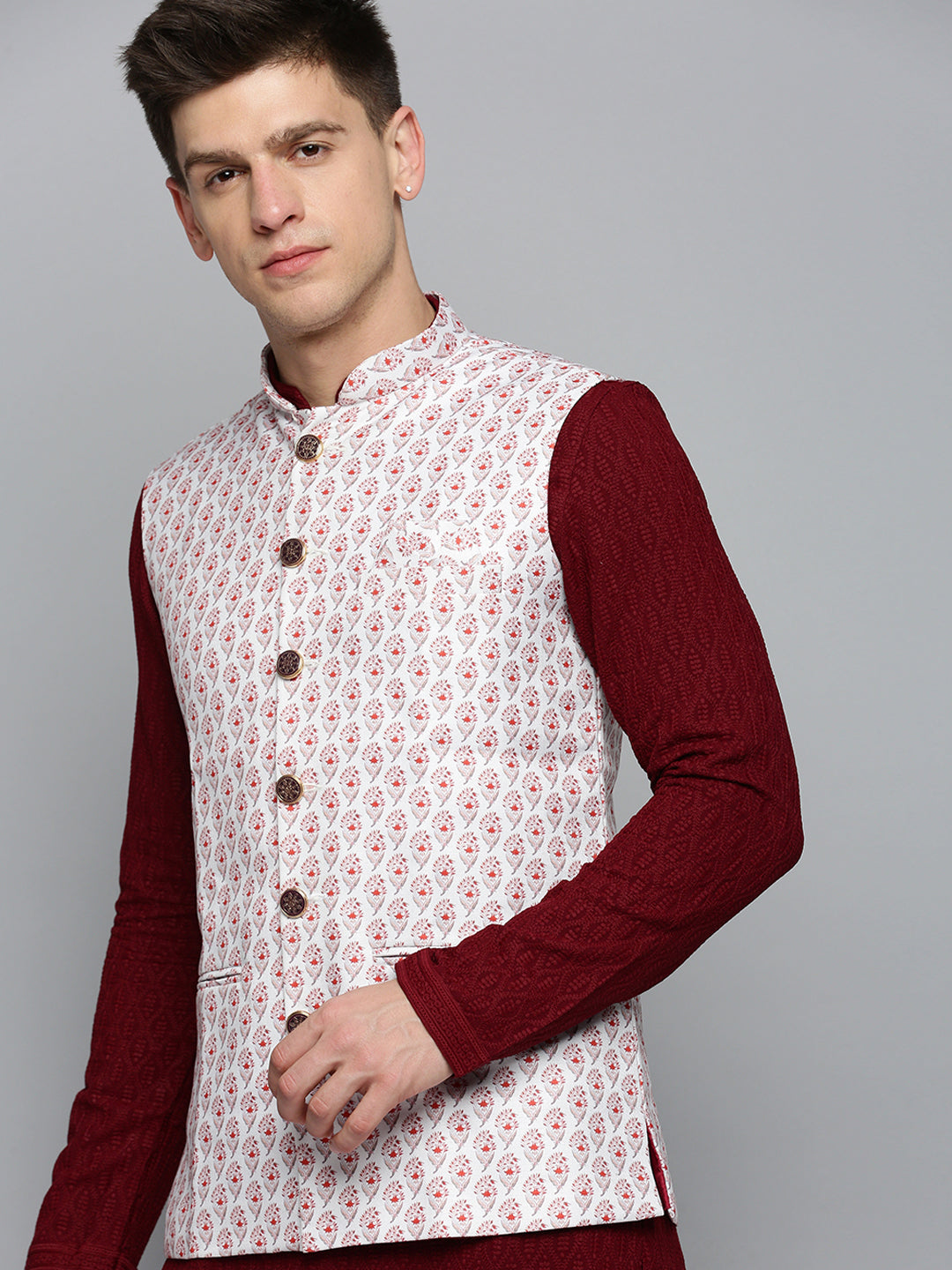 Men Mandarin Collar Printed White Nehru Jacket