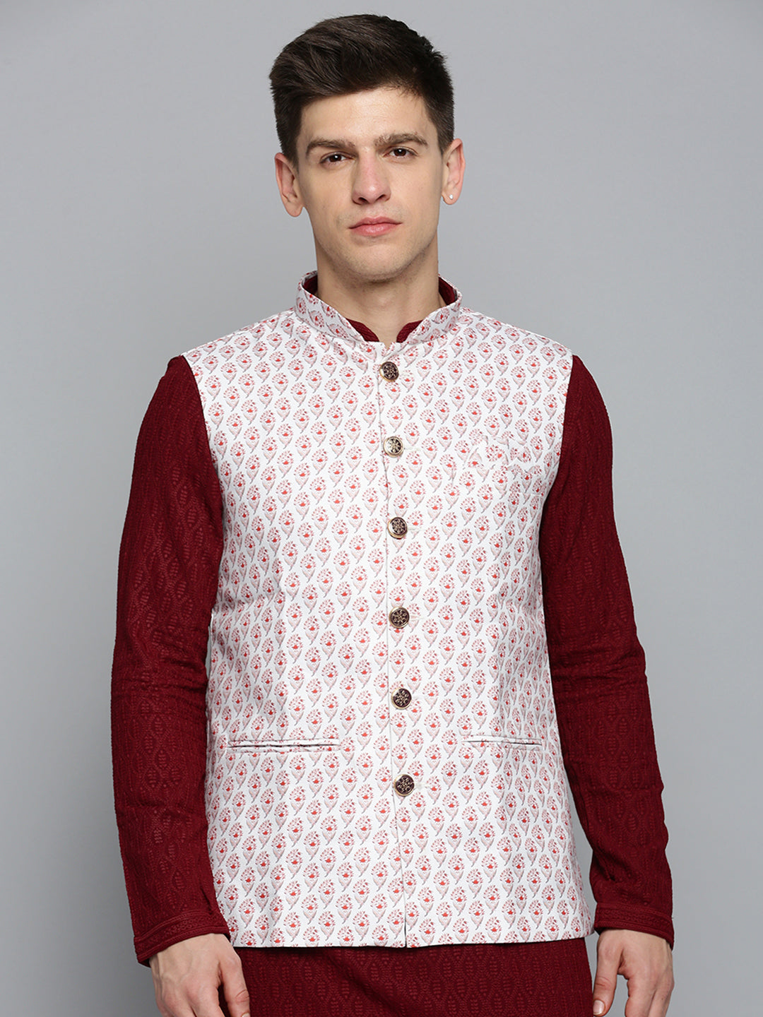 Men Mandarin Collar Printed White Nehru Jacket