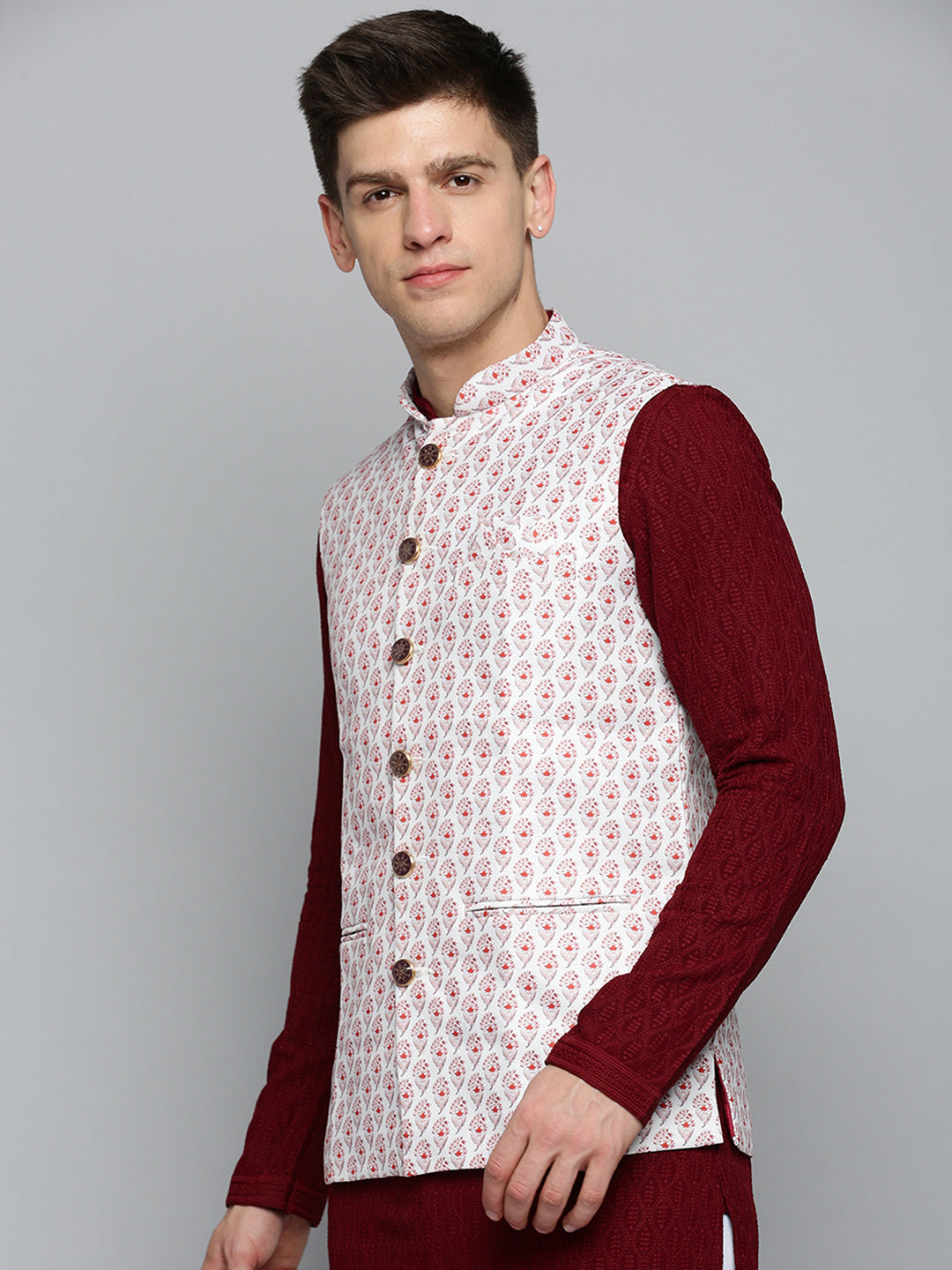 Men Mandarin Collar Printed White Nehru Jacket