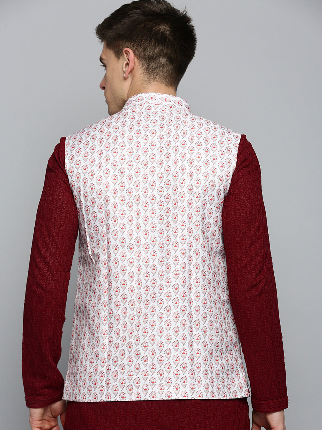 Men Mandarin Collar Printed White Nehru Jacket