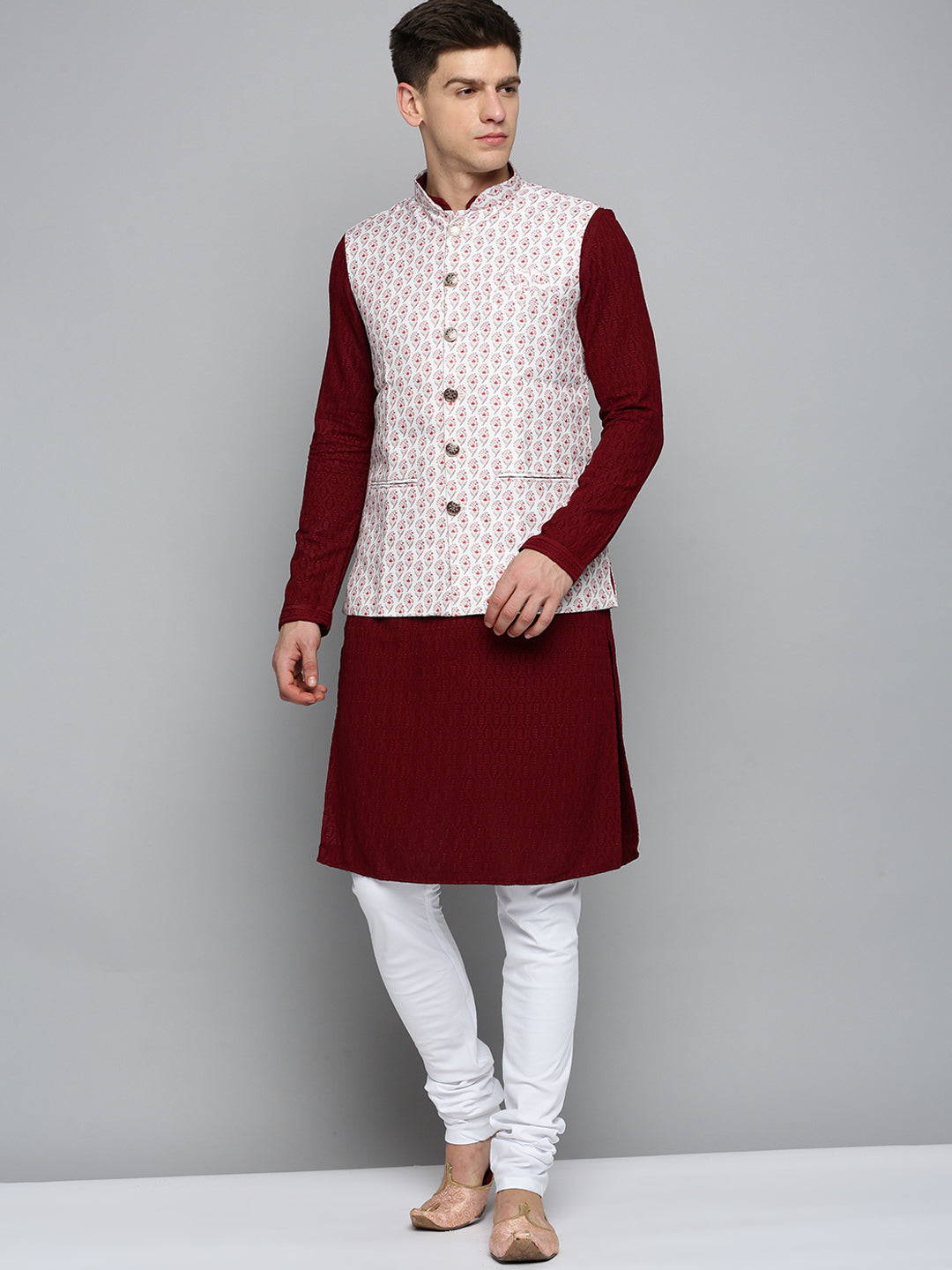 Men Mandarin Collar Printed White Nehru Jacket