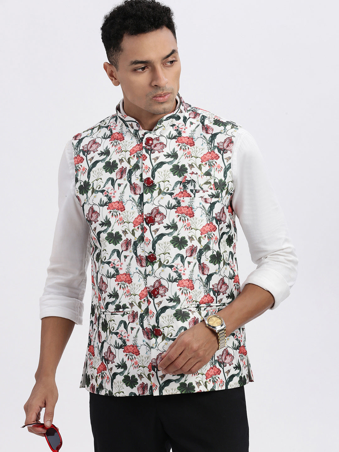 Men Off White Printed Nehru Jacket