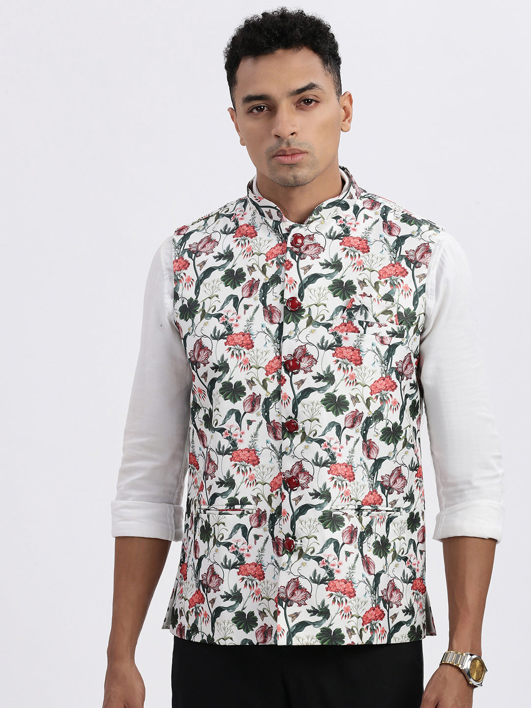 Men Off White Printed Nehru Jacket