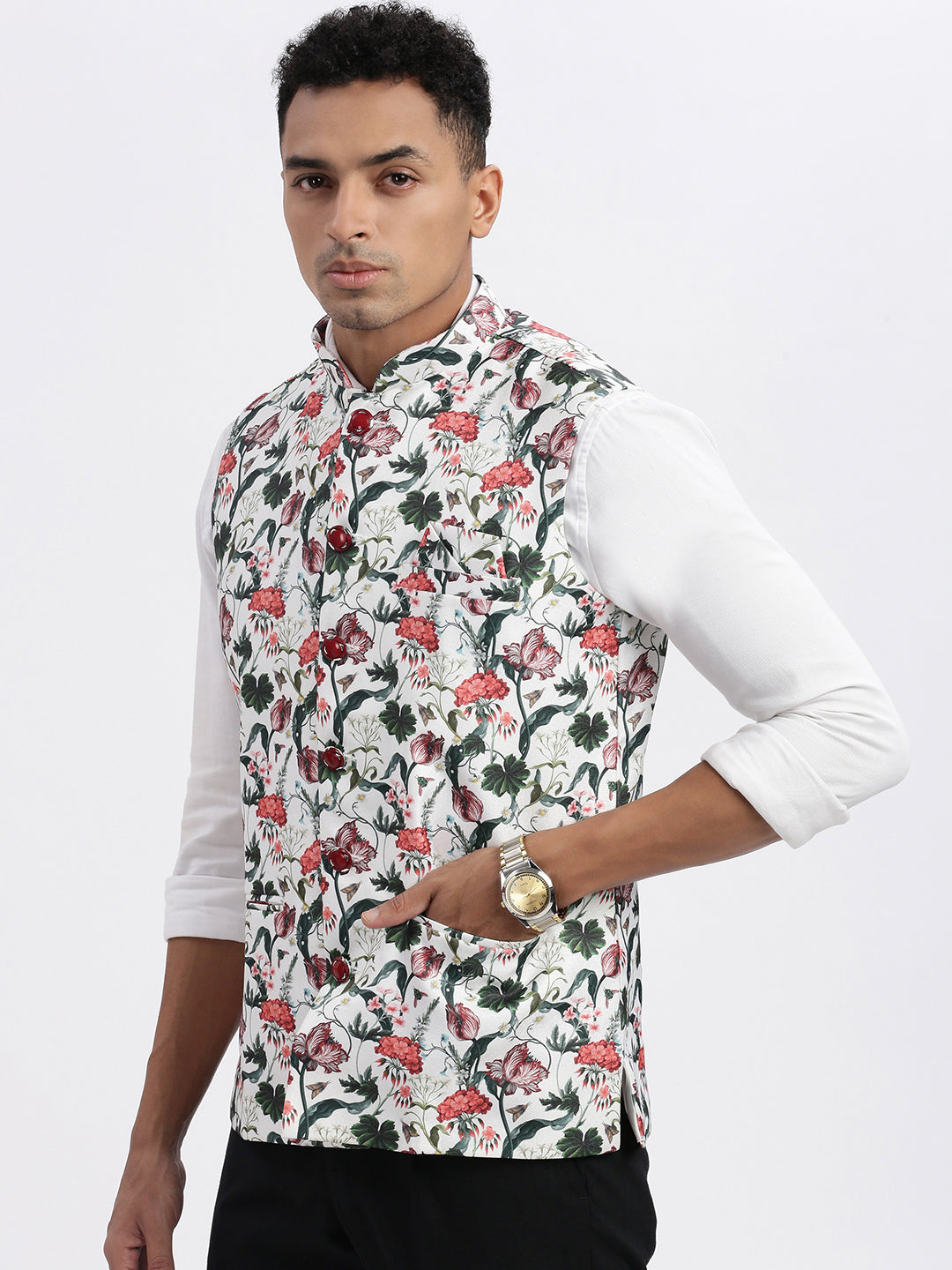 Men Off White Printed Nehru Jacket