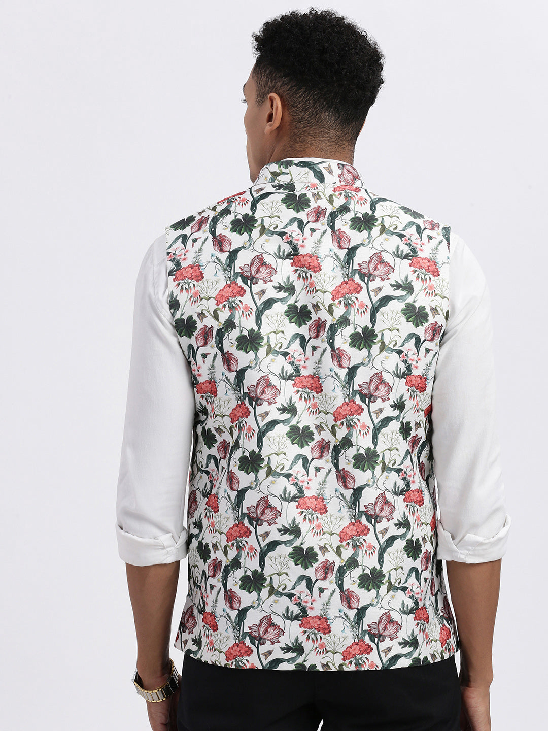 Men Off White Printed Nehru Jacket