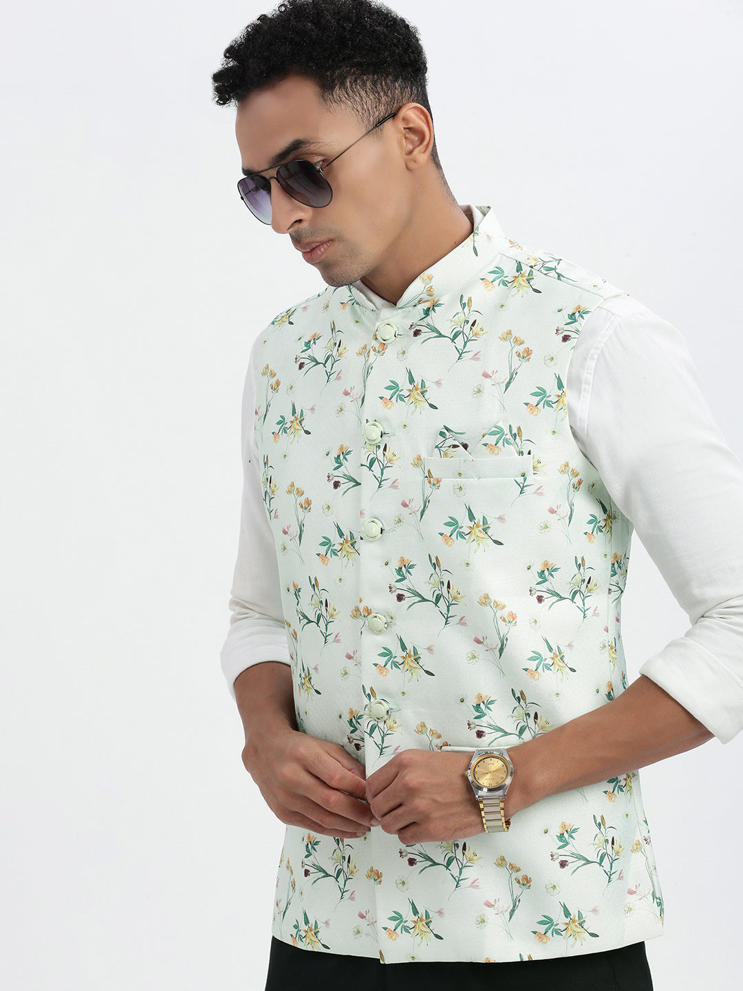 Men Green Printed Nehru Jacket