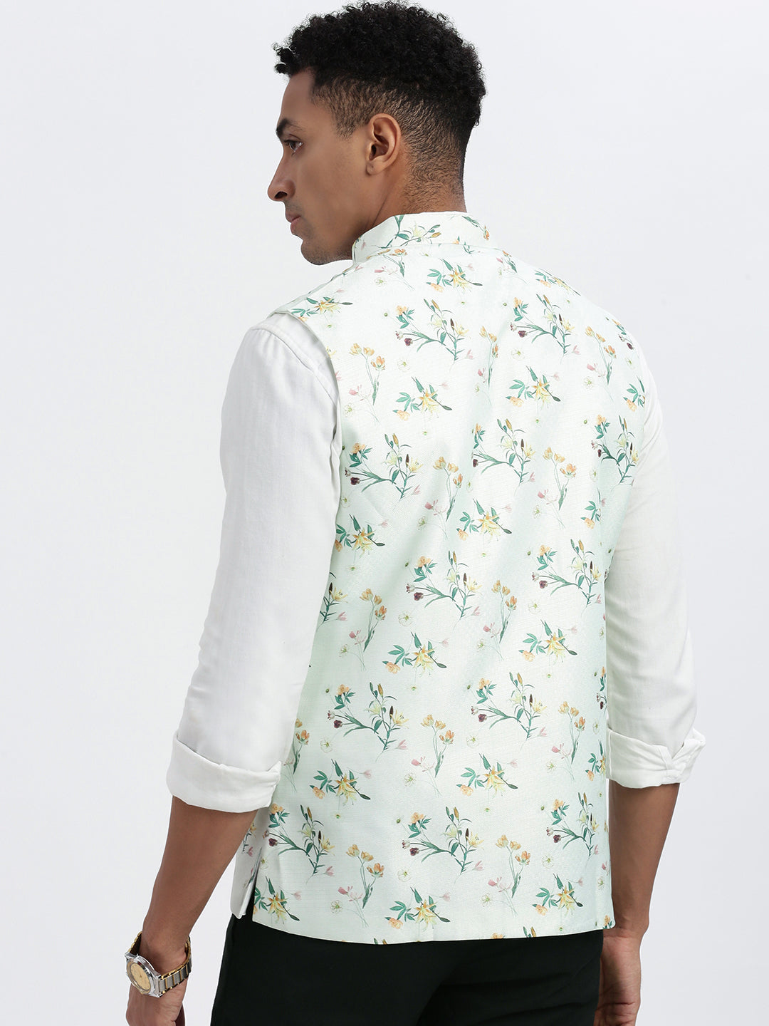 Men Green Printed Nehru Jacket