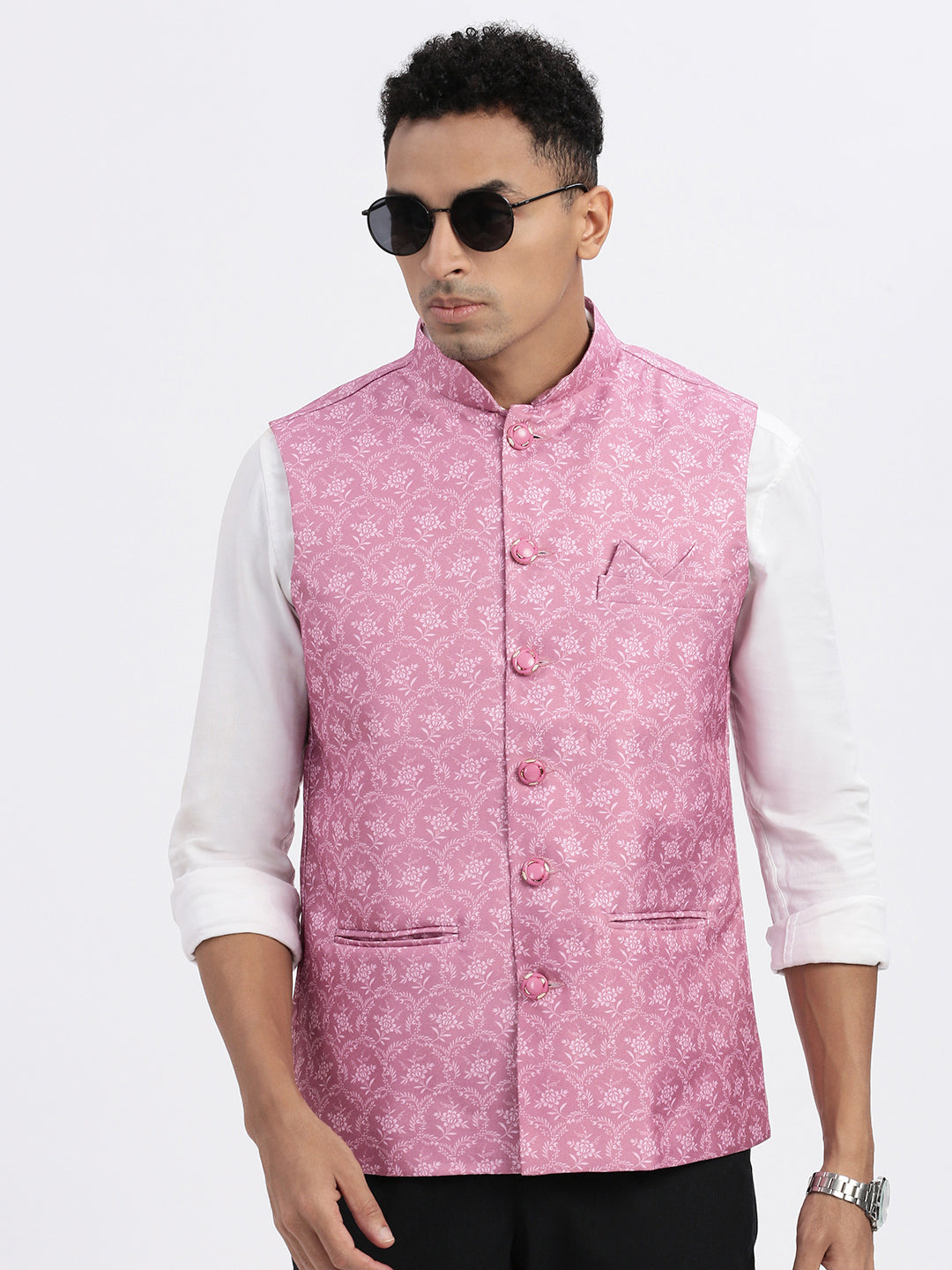 Men Pink Printed Nehru Jacket