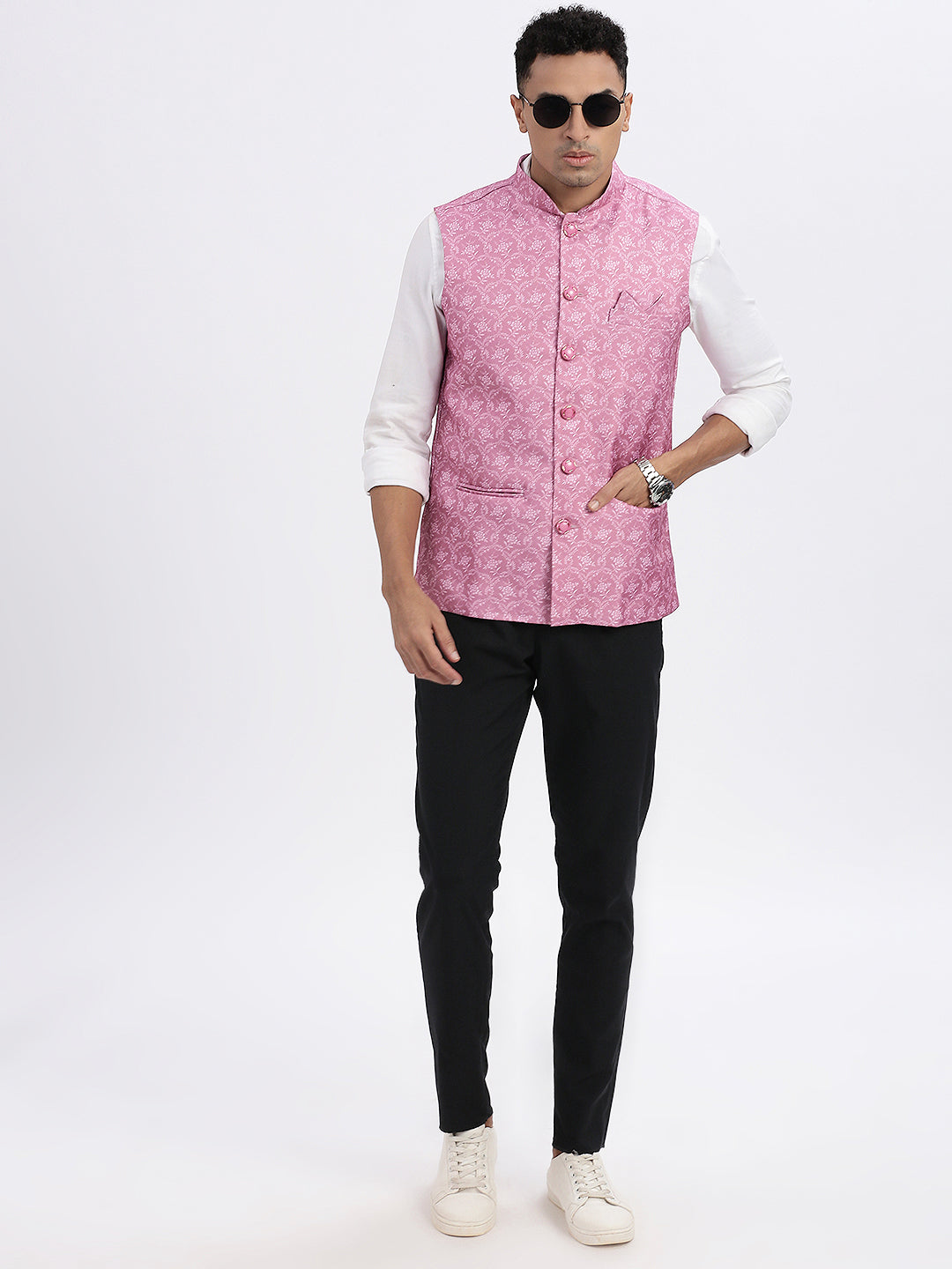 Men Pink Printed Nehru Jacket